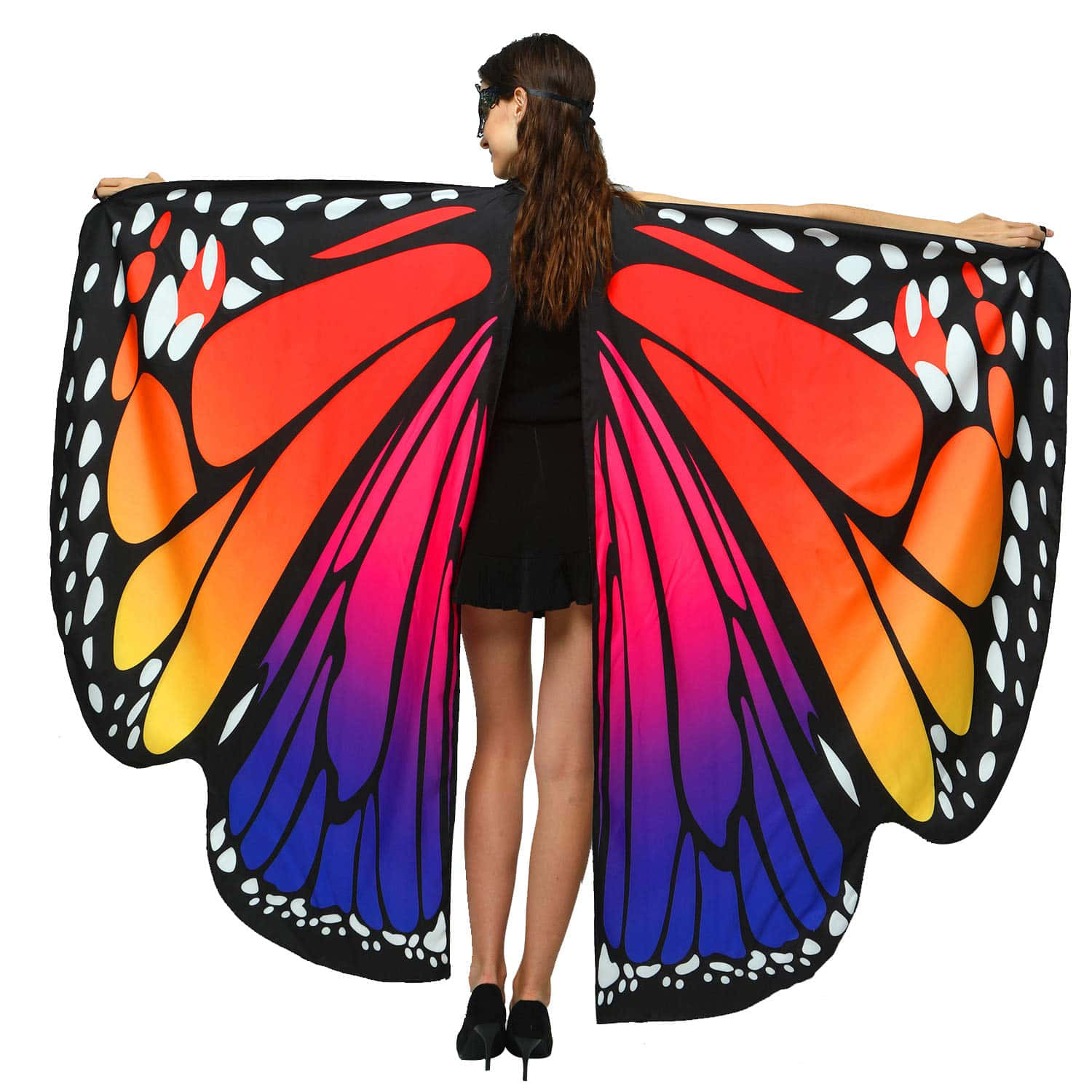 Butterfly Wing Dress 桌布 壁紙 — 一位女士背對鏡頭站立，在純白色背景上穿著鮮豔多彩的帝王蝶翅膀景觀。