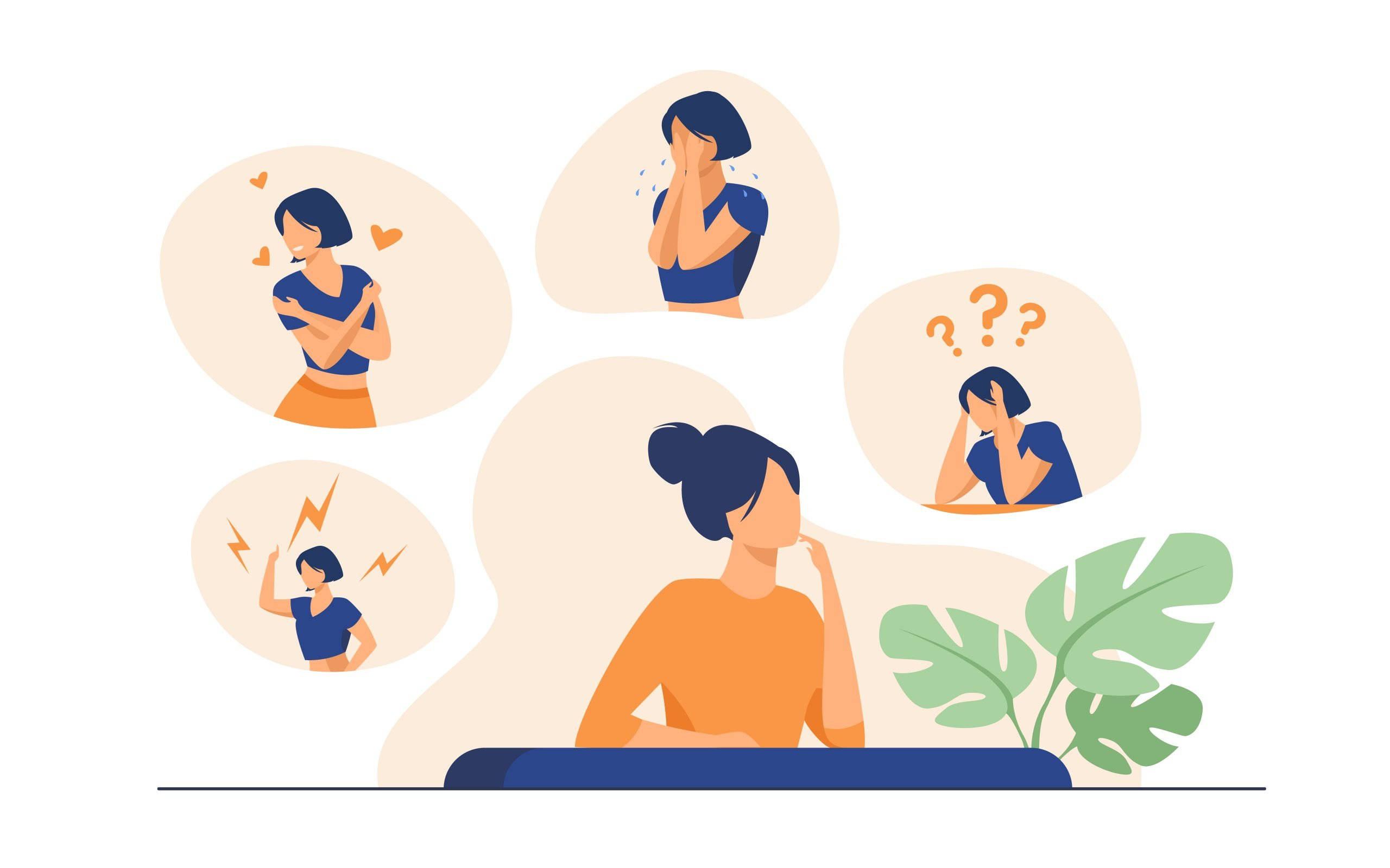 Woman 桌布 壁紙 — 一位女士若有所思地坐著，浮動的對話氣泡顯示她經歷各種情緒，如喜悅、沮喪和困惑。