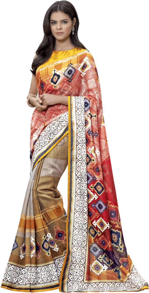 Saree 桌布 壁紙 — 一位女士身穿色彩鮮豔、圖案精緻的紗麗，帶有幾何圖案和大膽的色塊，站在黑色背景前。