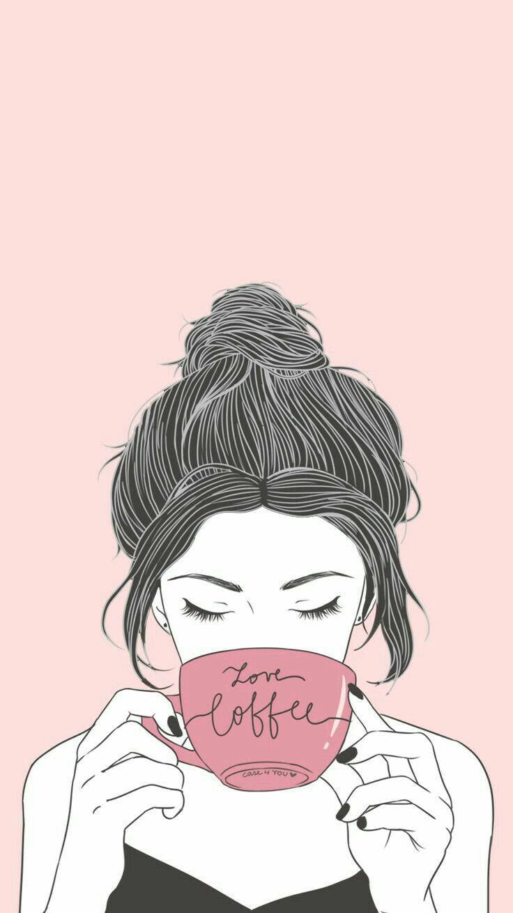 Aesthetic Drawings 桌布 壁紙 — 一位女士閉著眼睛，從一個寫著 love coffee 的粉紅色杯子裡啜飲，背景是柔和的粉紅色。