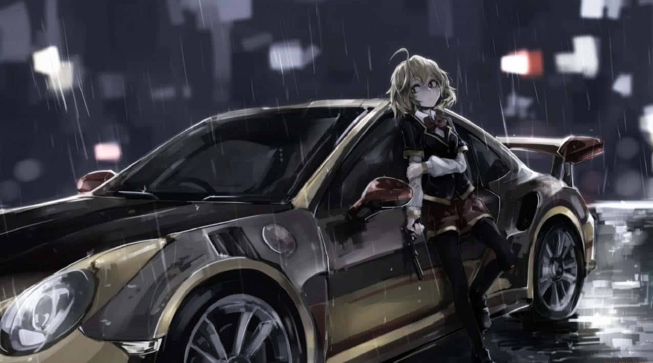 一位女孩在雨中站在車旁 壁紙