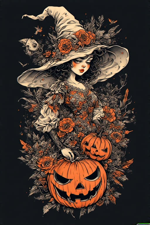 1940s Halloween Witch Vintage Tattoo Flash Style 壁紙 — 一位女巫戴著寬邊帽，帽上裝飾著橙色玫瑰和蝙蝠，站在黑暗的樹葉中，手持一個雕刻南瓜，下方還有另一個南瓜。
