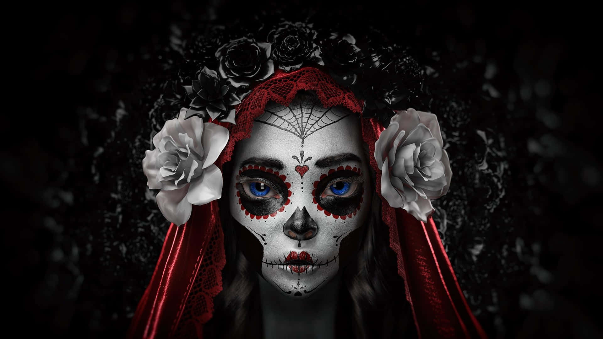 Halloween Makeup 桌布 壁紙 — 一位女性，臉上繪有精緻的糖骷髏妝容，飾以黑白玫瑰和紅色蕾絲，背景為深色。