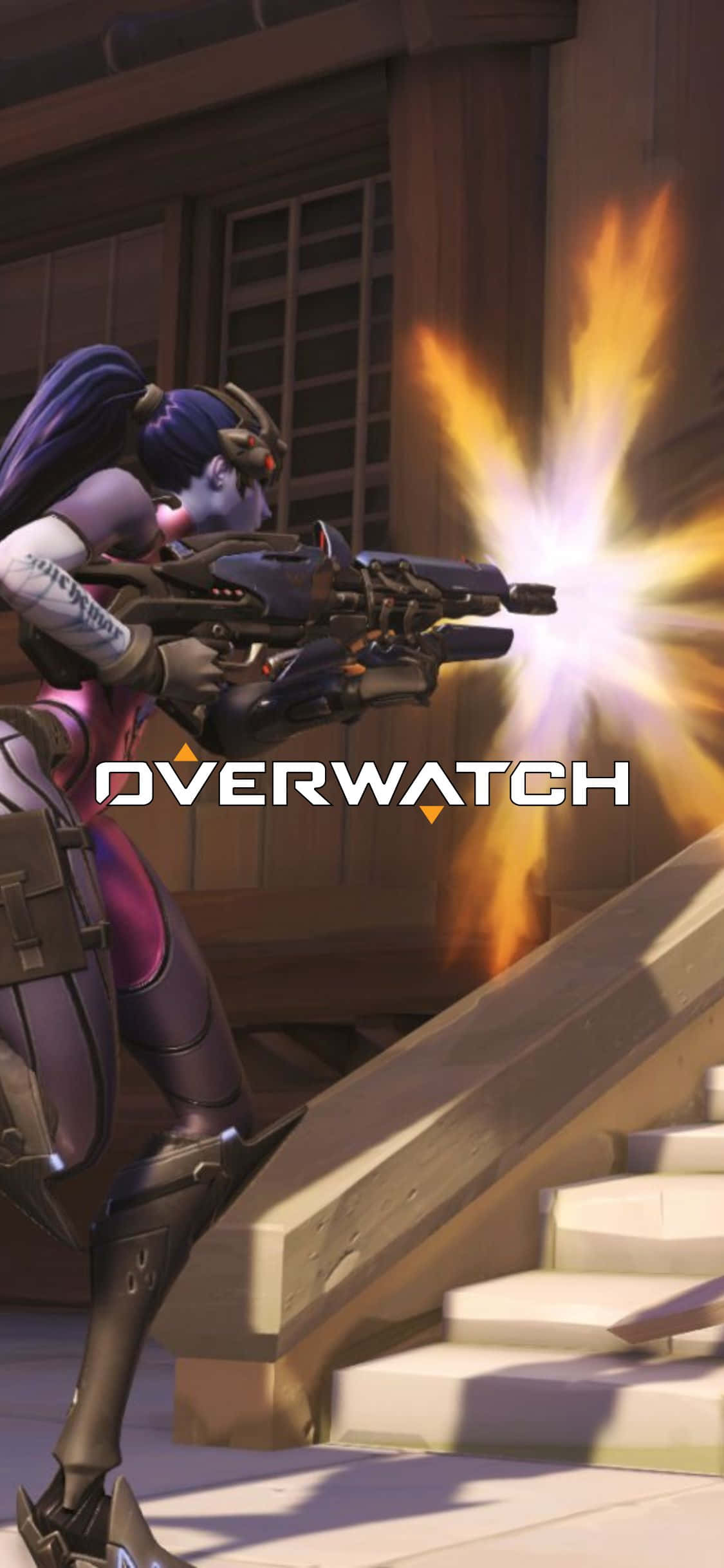 iPhone X Overwatch 桌布 壁紙 — 一位女性《鬥陣特攻》英雄從木樓梯上開火，武器發出光芒，槍口閃爍火焰。