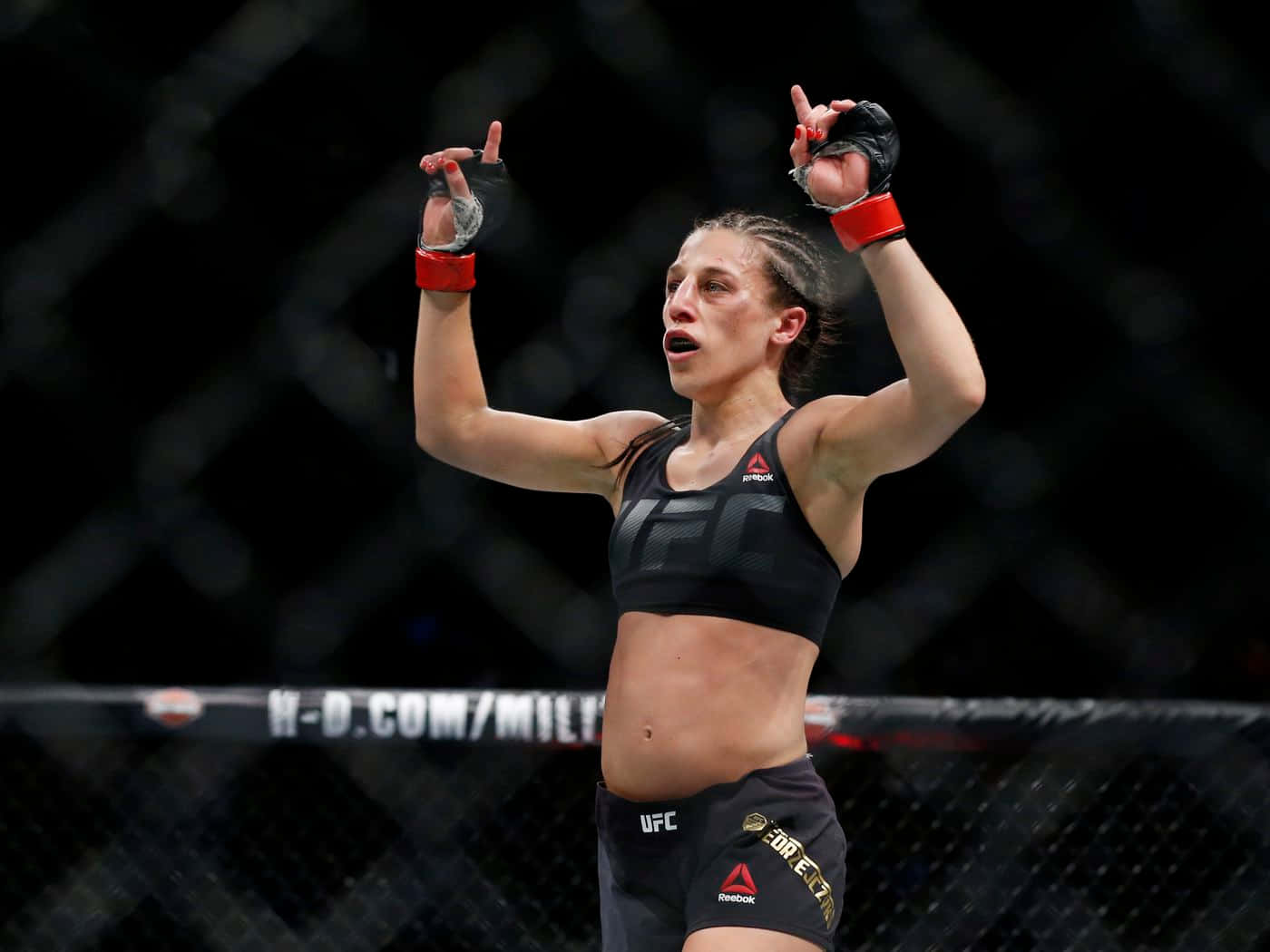 Victory 桌布 壁紙 — 一位女性MMA拳手在八角籠中高舉雙臂，手套指向上方慶祝勝利。