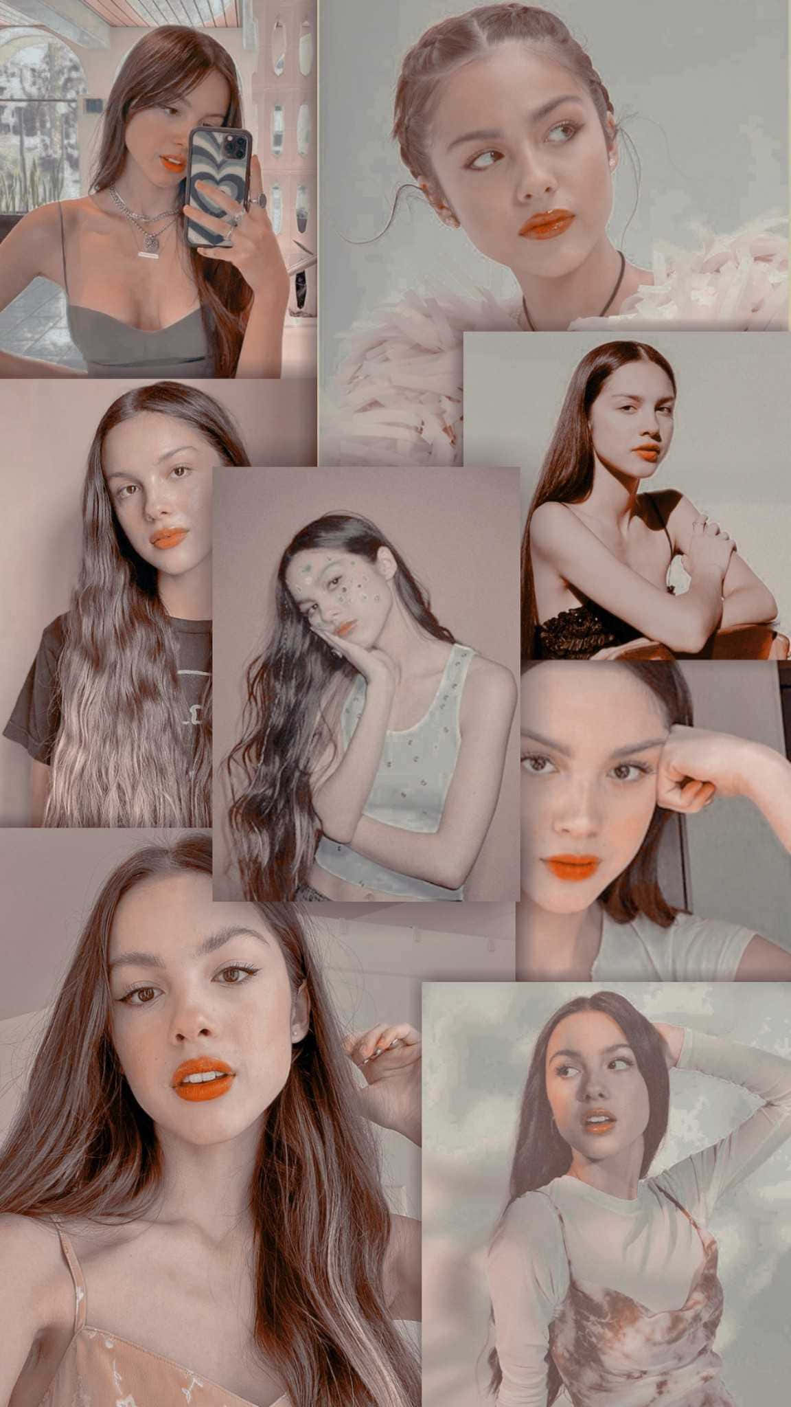 Olivia Rodrigo Aesthetic 桌布 壁紙 — 一位女性以柔和粉彩調和橙色唇膏擺出各種姿勢的拼貼畫。
