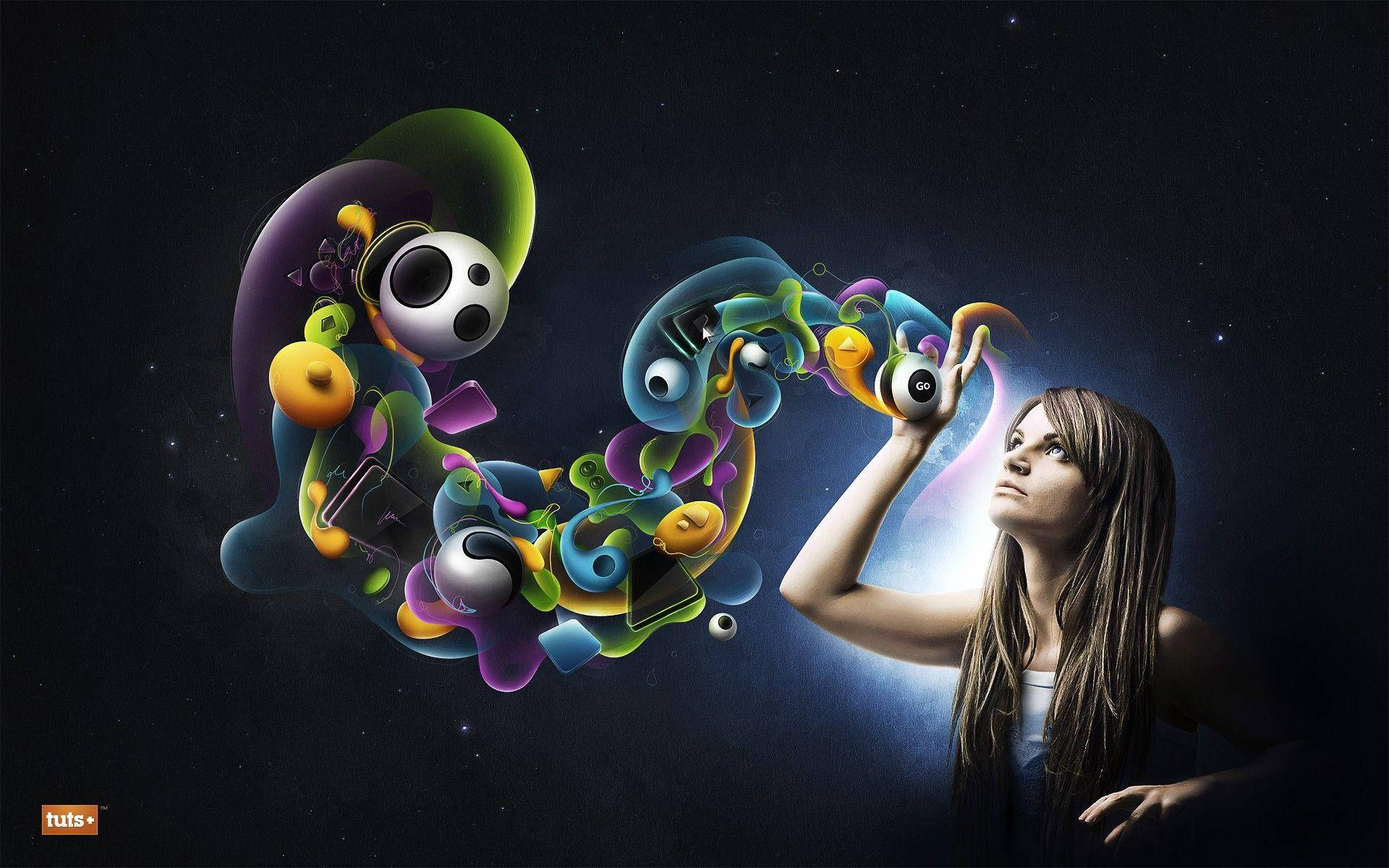 3D 桌布 壁紙 — 一位女性伸手觸向一個由色彩繽紛的抽象數位圖示組成的旋轉星系，這些圖示漂浮在繁星點點的宇宙虛空中。