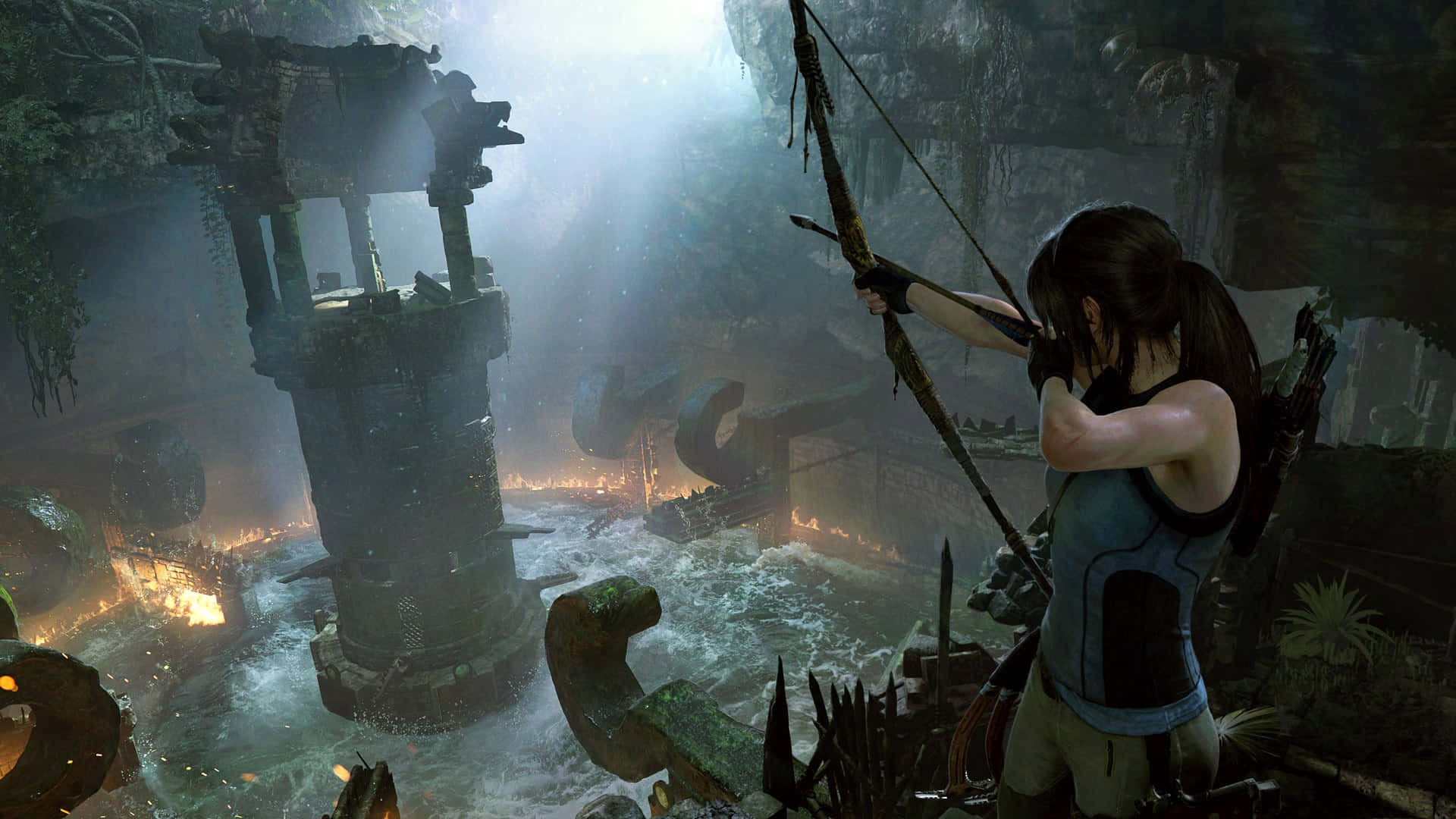 Tomb Raider Game 桌布 壁紙 — 一位女性冒險家在古老叢林遺跡中拉弓，下方有發光的熔岩流。