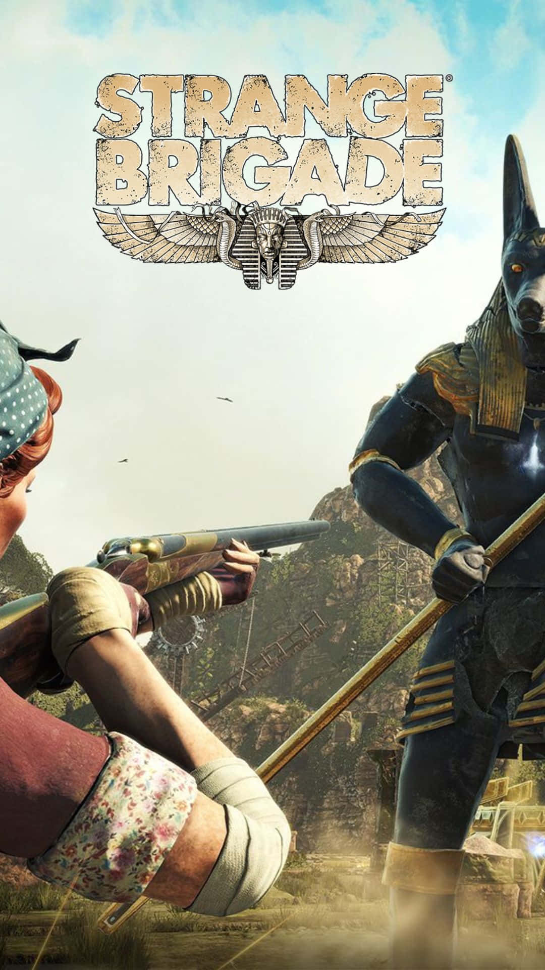Android Strange Brigade 桌布 壁紙 — 一位女性冒險家在陽光明媚的沙漠峽谷中，用步槍瞄準一個高聳的、類似阿努比斯的戰士。