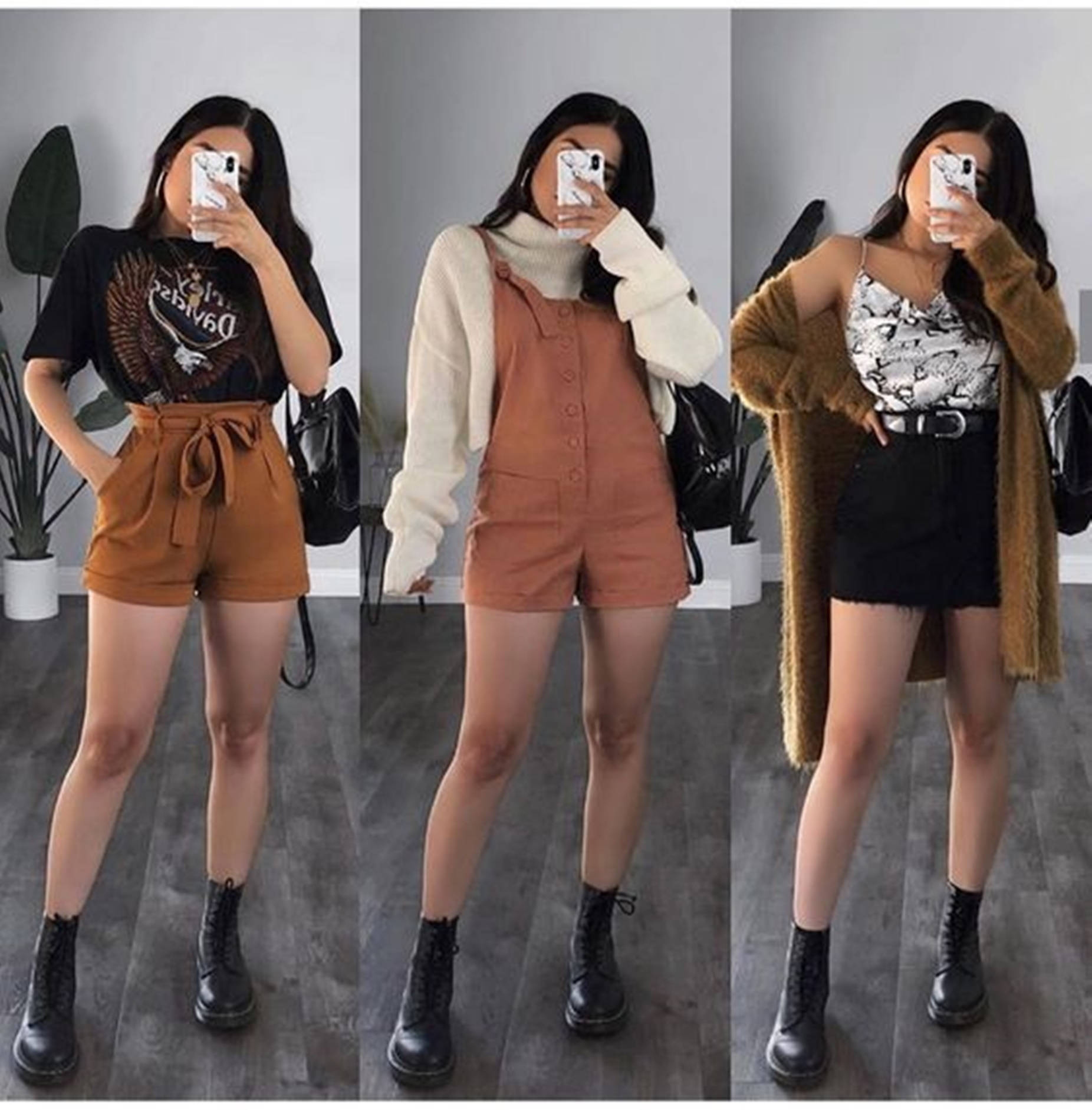 outfit 桌布 壁紙 — 一位女性在現代室內環境中展示三套時尚服裝，地面為灰色，並有盆栽植物。