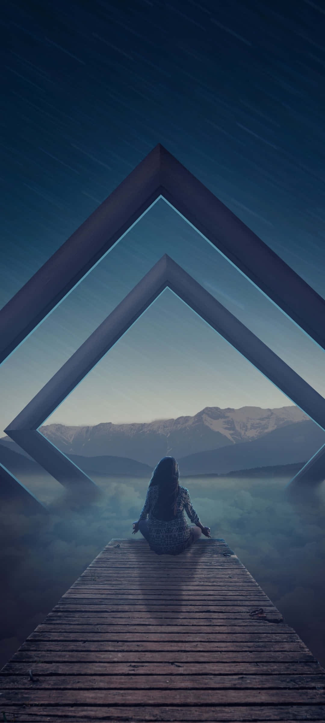 一名女子坐在碼頭上仰望天空 壁紙