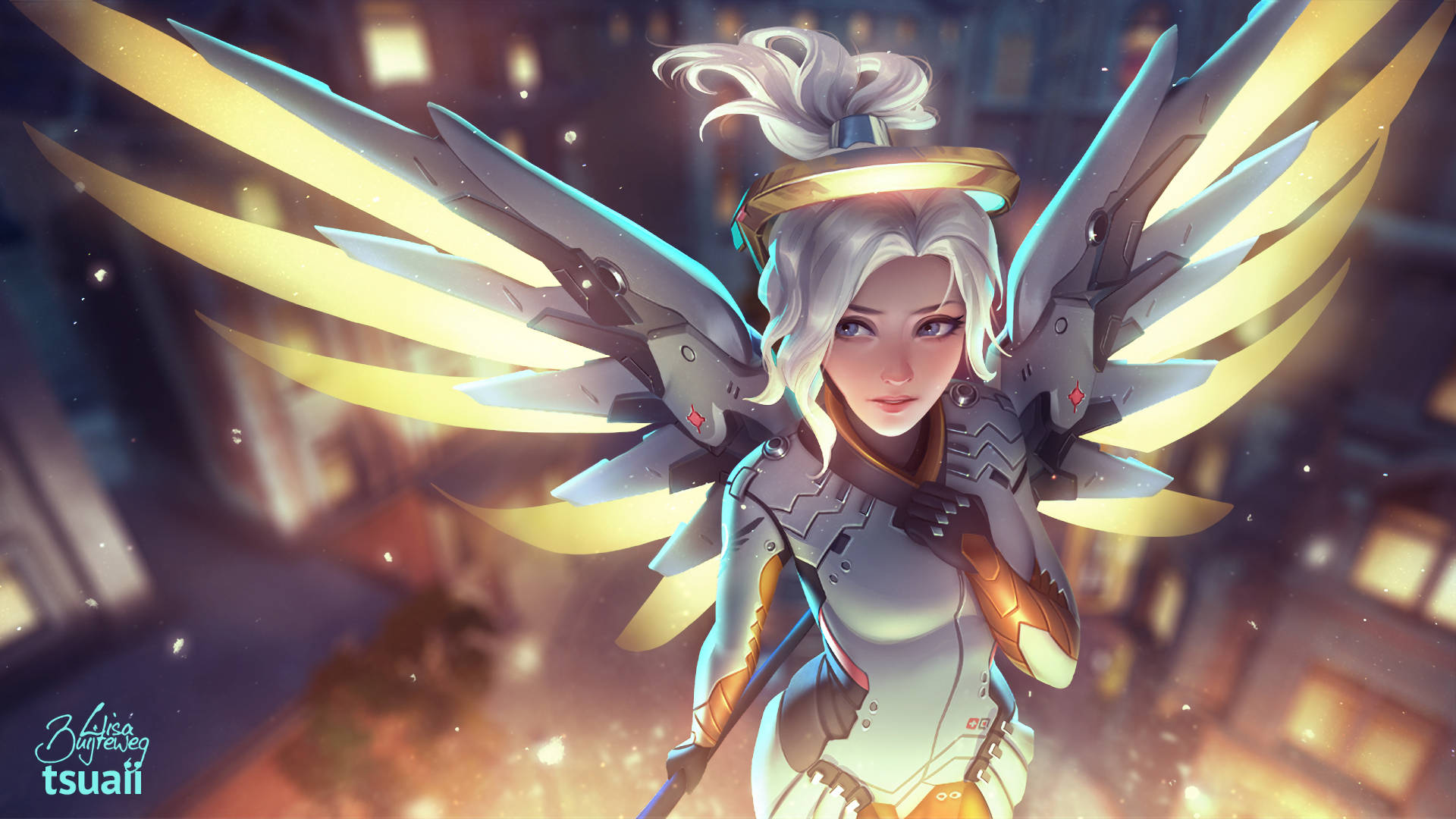 Mercy 桌布 壁紙 — 一位女性天使戰士，擁有發光的金色翅膀和未來主義盔甲，在黃昏時分對著模糊的城市景觀擺好姿勢。