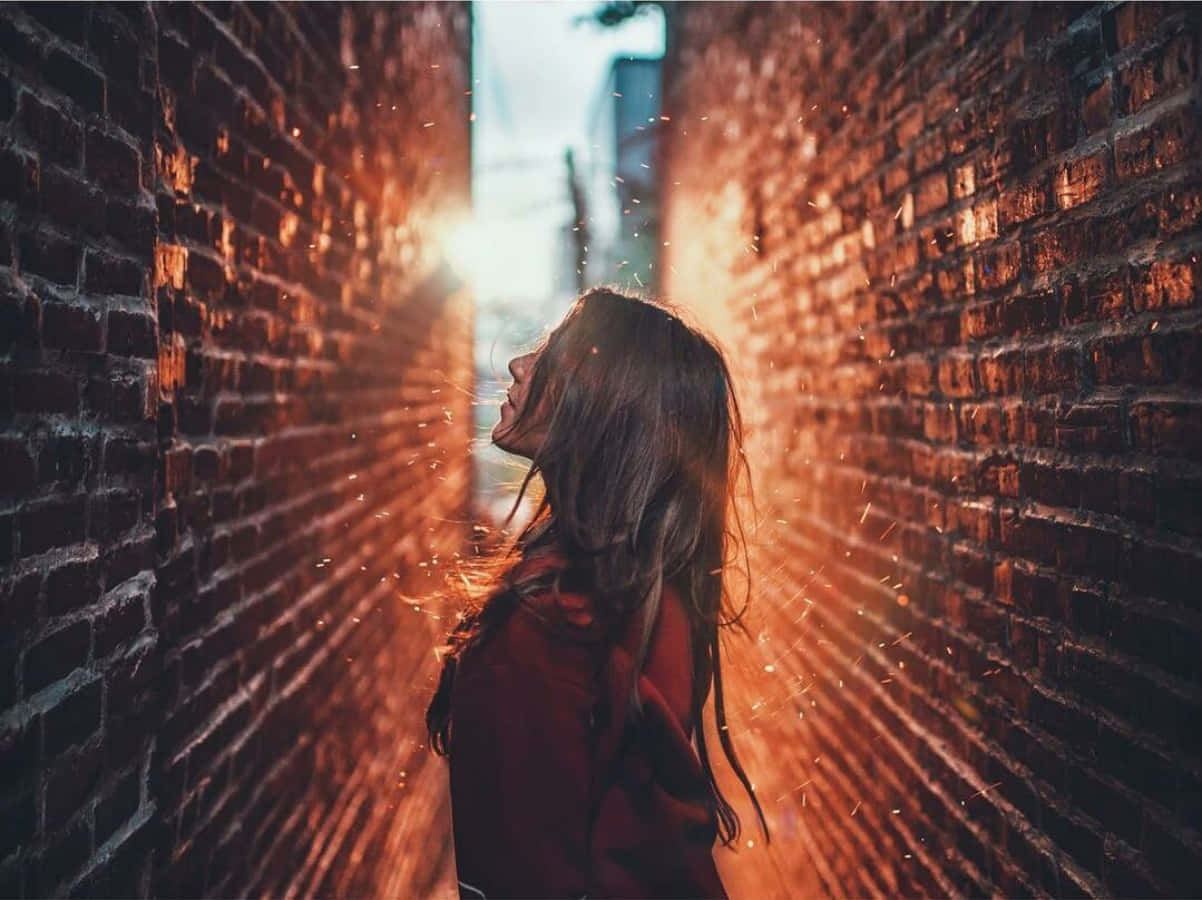 一位女性從磚砌小巷中向外眺望 壁紙