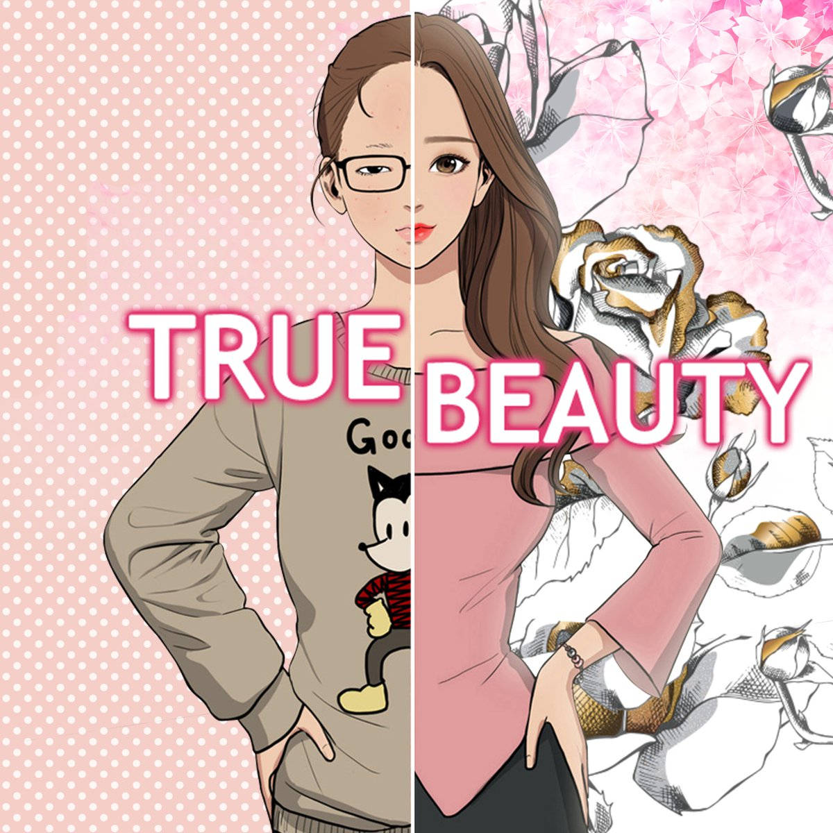 True Beauty 桌布 壁紙 — 一位女性的分割肖像，展示對比風格：休閒連帽衫對比帶花卉草圖的優雅連衣裙。