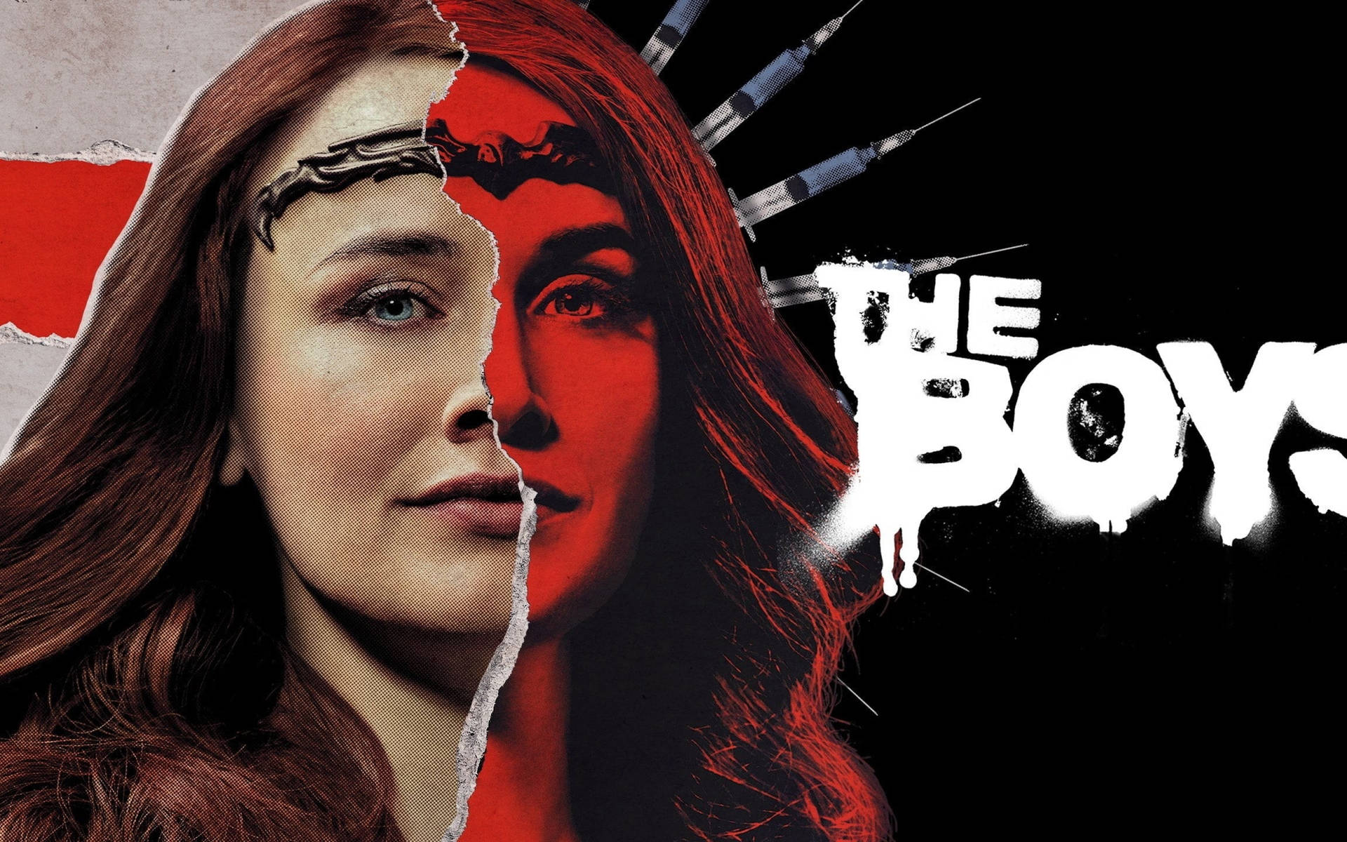 一位女性的臉從中間分裂，針筒刺穿她的頭部，標題為The Boys。 — 黑袍糾察隊 GIF 壁紙