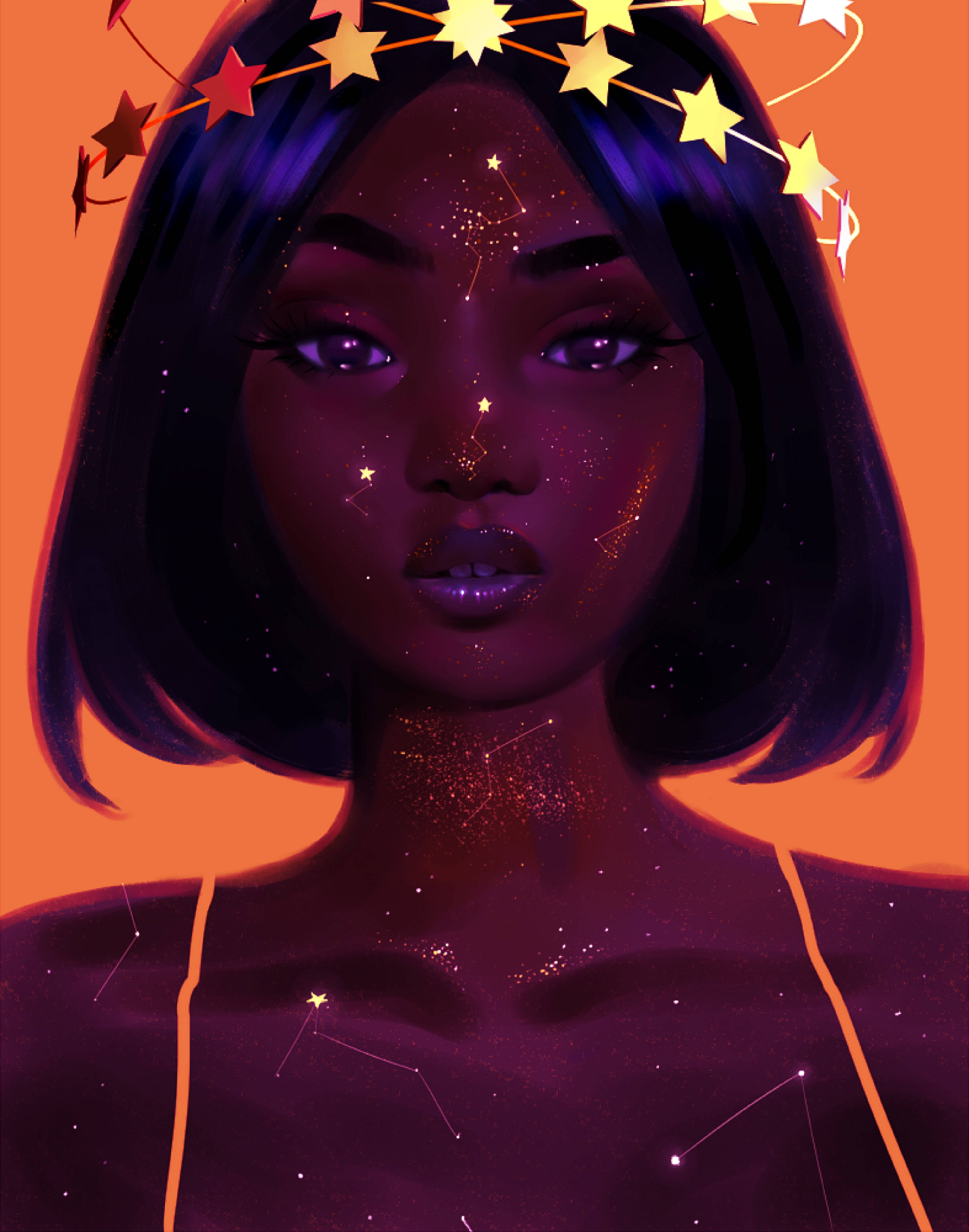 girls 桌布 壁紙 — 一位女性的數位肖像，帶有星群和發光的星冠，背景為溫暖的橙色。