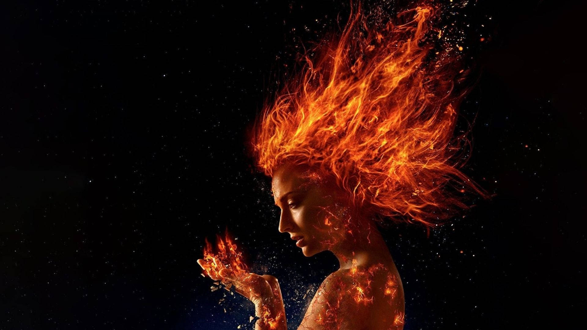 Fire Girl 桌布 壁紙 — 一位女性的火熱頭髮和雙手在佈滿星光的黑色虛空中發光，體現了元素力量和強烈的美感。