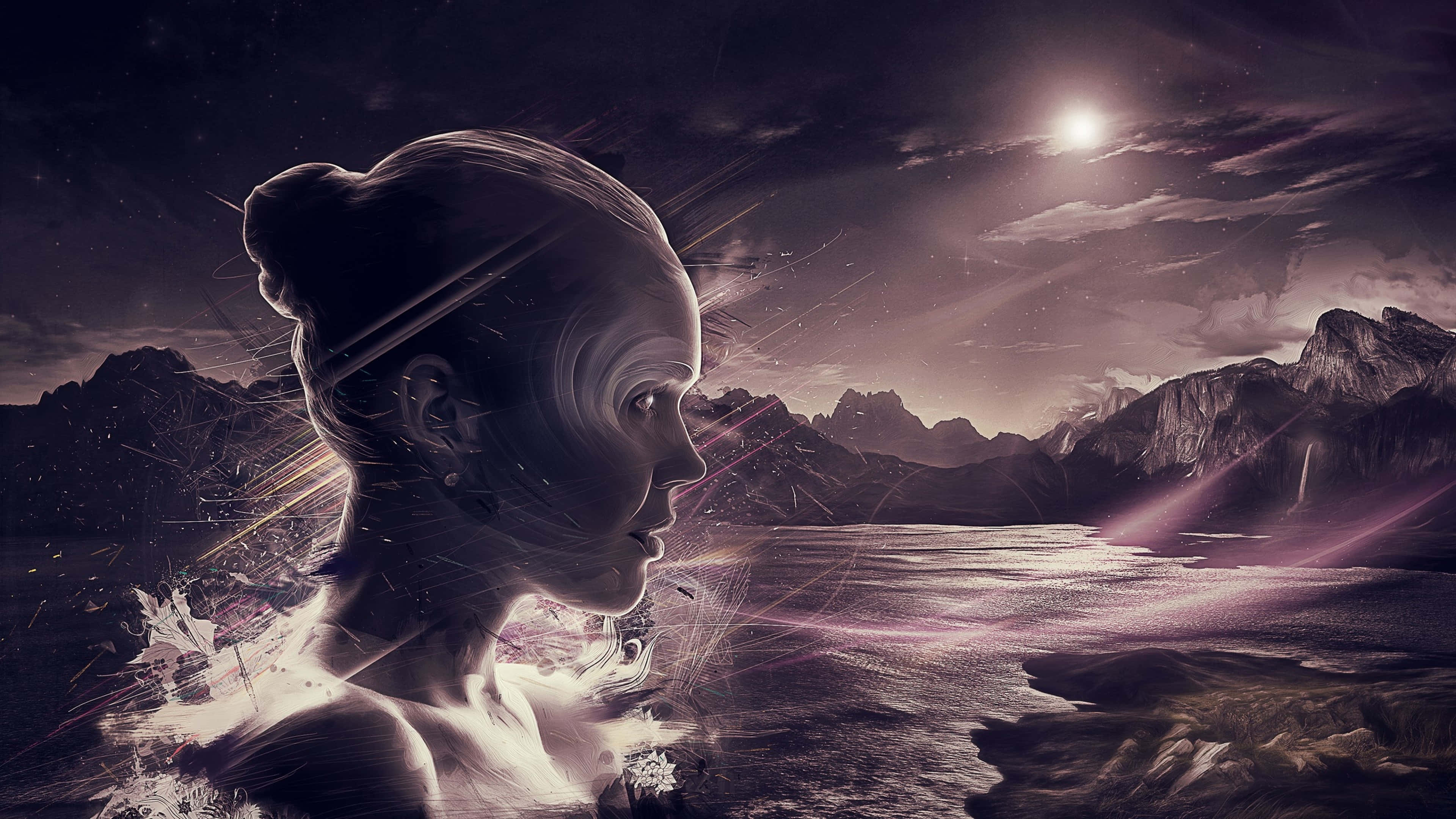 Surrealism 桌布 壁紙 — 一位女性的空靈剪影凝視著月光下的山間湖泊，發光的宇宙射線劃過夜空。
