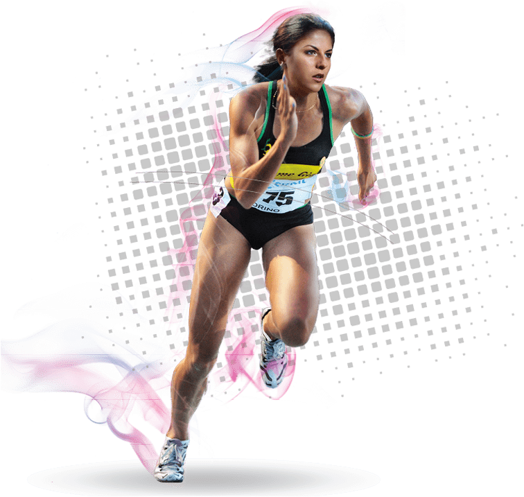 Athlete 桌布 壁紙 — 一位女性短跑運動員在黑色背景上帶有充滿活力的粉紅色和藍色運動軌跡。