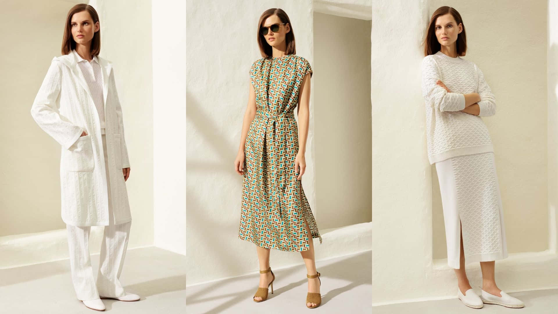 Luxury Brands 桌布 壁紙 — 一位女性穿著三種不同的白色和圖案服裝，在簡約的米色工作室牆前，柔和自然光線下擺姿勢。