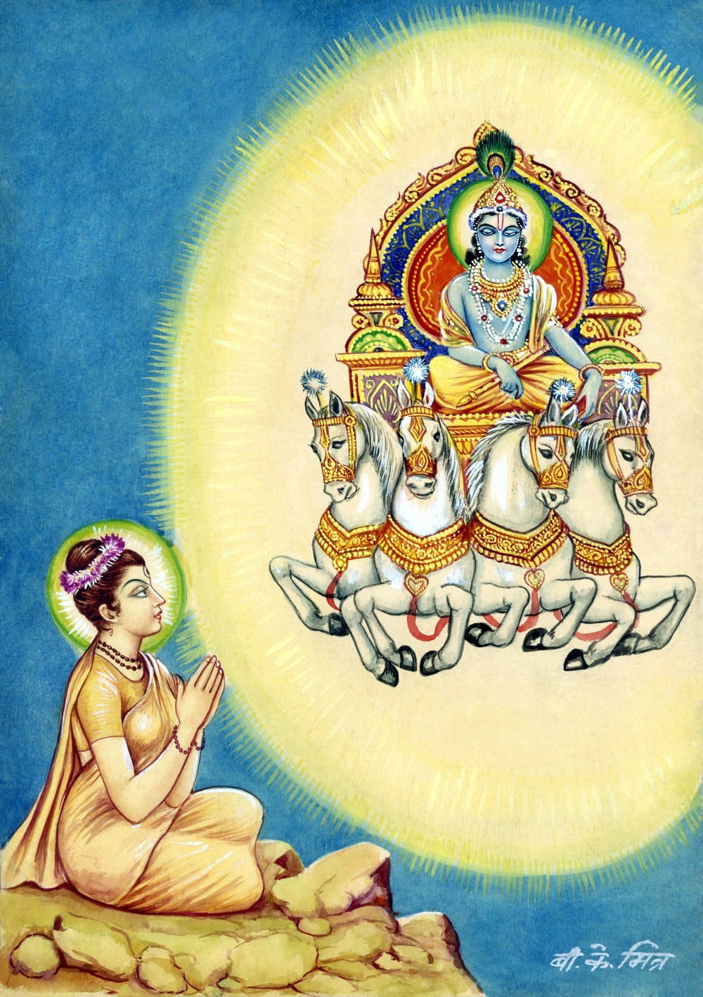 Praying 桌布 壁紙 — 一位女性跪在一位坐在由四匹白馬拉動的金色戰車上的神聖藍膚神祇面前祈禱，背景是耀眼的黃色光環。