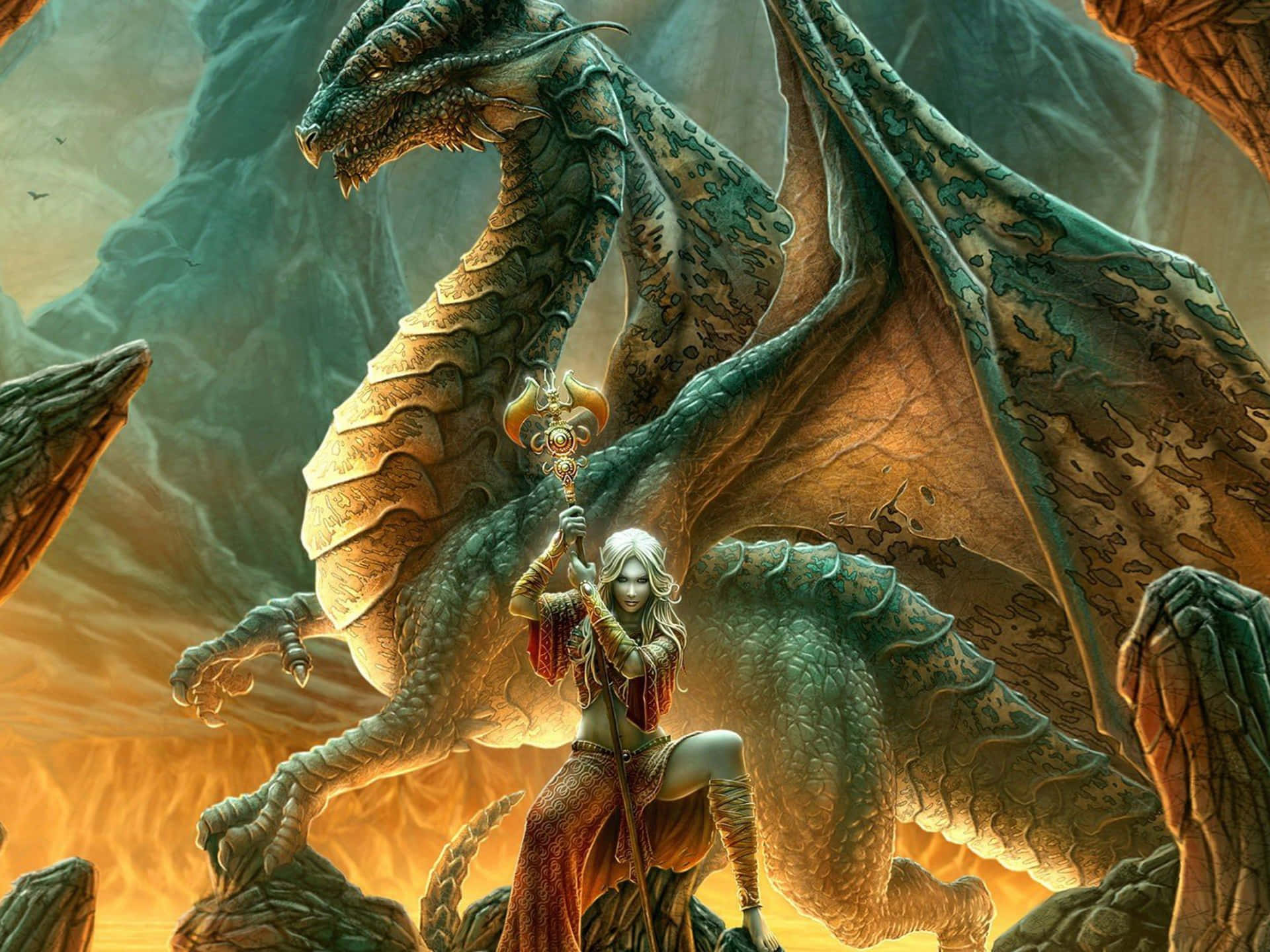 Epic Dragon 桌布 壁紙 — 一位女戰士在熾熱的峽谷中，挑釁地站在一條巨龍面前，揮舞著發光的法杖對抗巨獸的陰影。