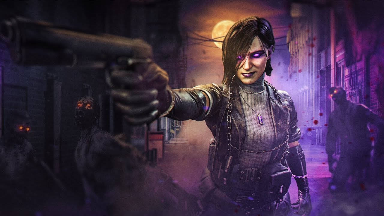 Maxis 桌布 壁紙 — 一位女戰士在發光的月亮下，在充滿霓虹燈的城市小巷中，用槍瞄準逼近的殭屍。