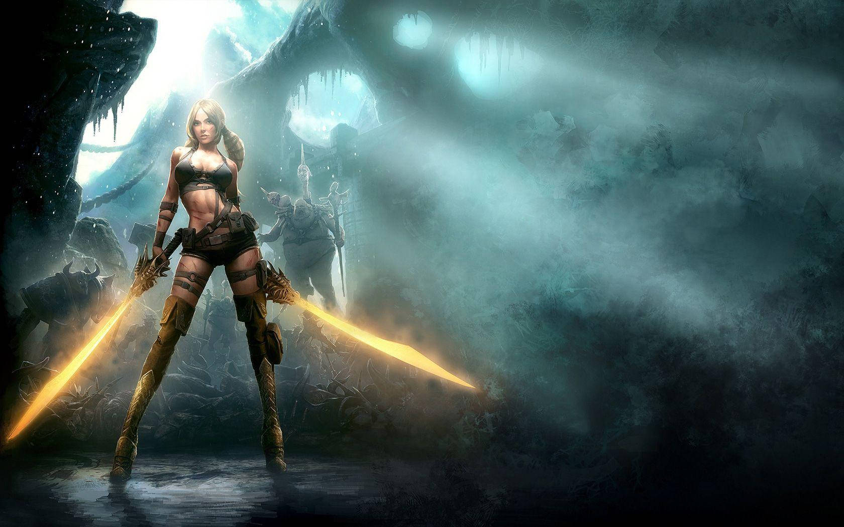 PC 遊戲 桌布 壁紙 — 一位女戰士在迷霧洞穴中揮舞發光劍，陰影人物潛伏在她身後。