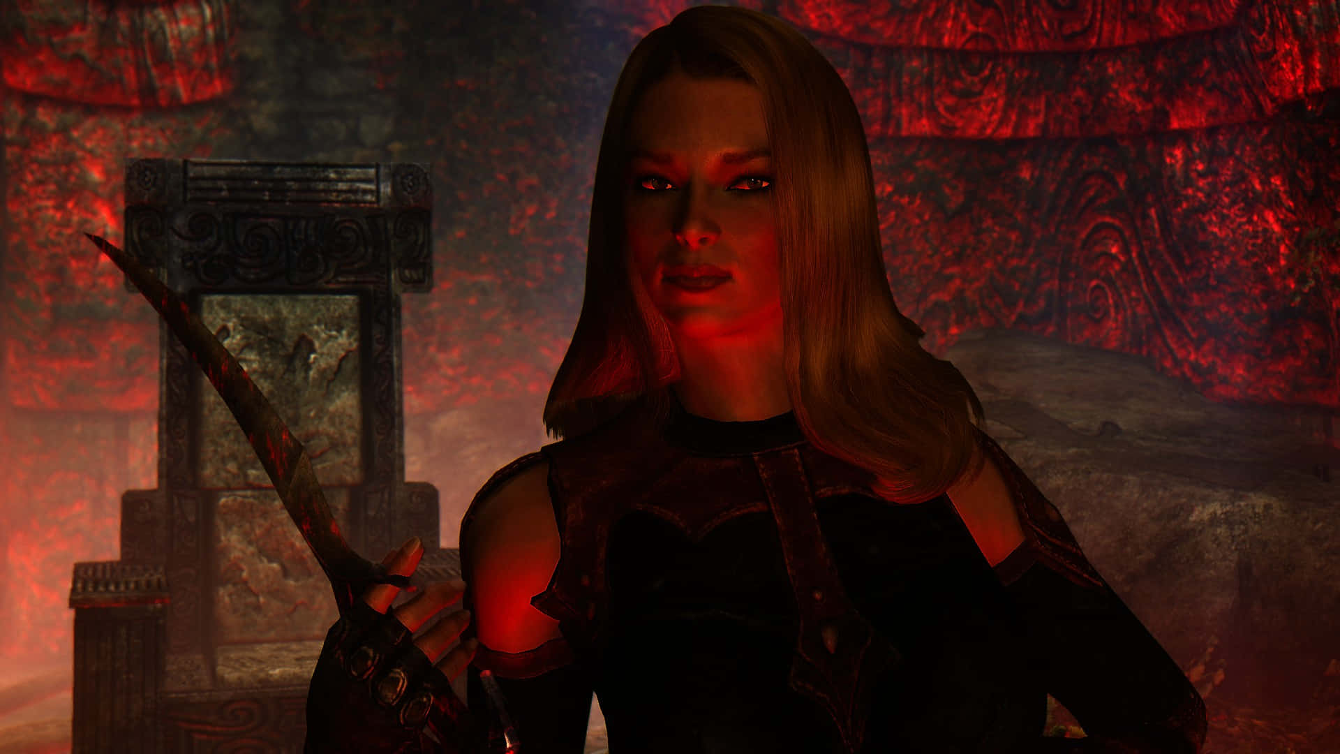 Skyrim Astrid 桌布 壁紙 — 一位女戰士手持血跡斑斑的刀刃，站在裝飾華麗的石造火紅地牢中。