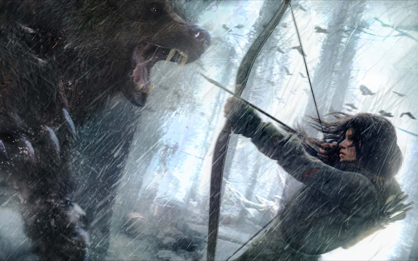 Rise Of The Tomb Raider 桌布 壁紙 — 一位女戰士拉弓面對在暴風雪森林中咆哮的熊。