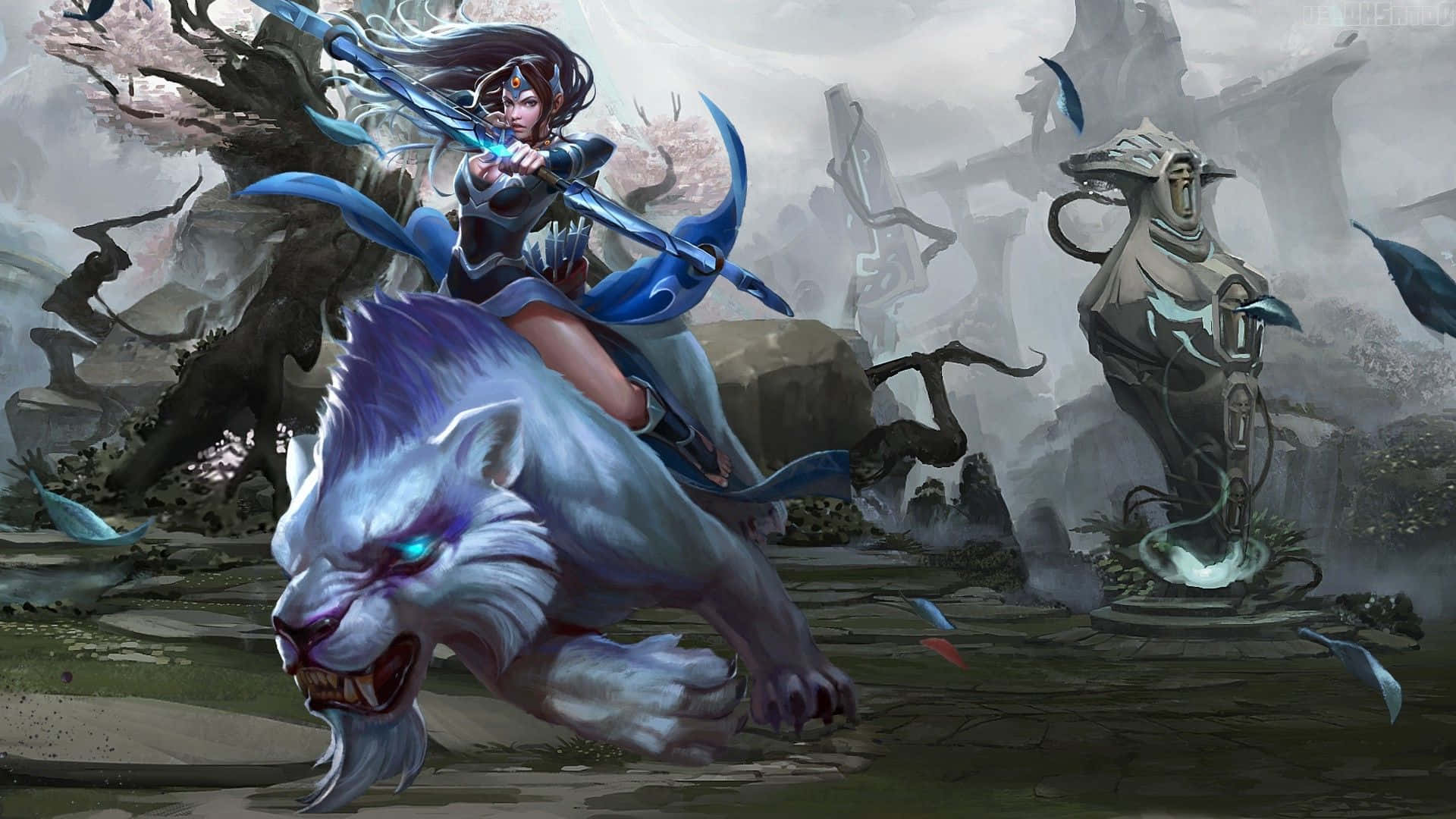 Mirana 桌布 壁紙 — 一位女戰士騎著一隻咆哮的白狼，穿過煙霧瀰漫的廢墟，周圍有破碎的雕像和櫻花。