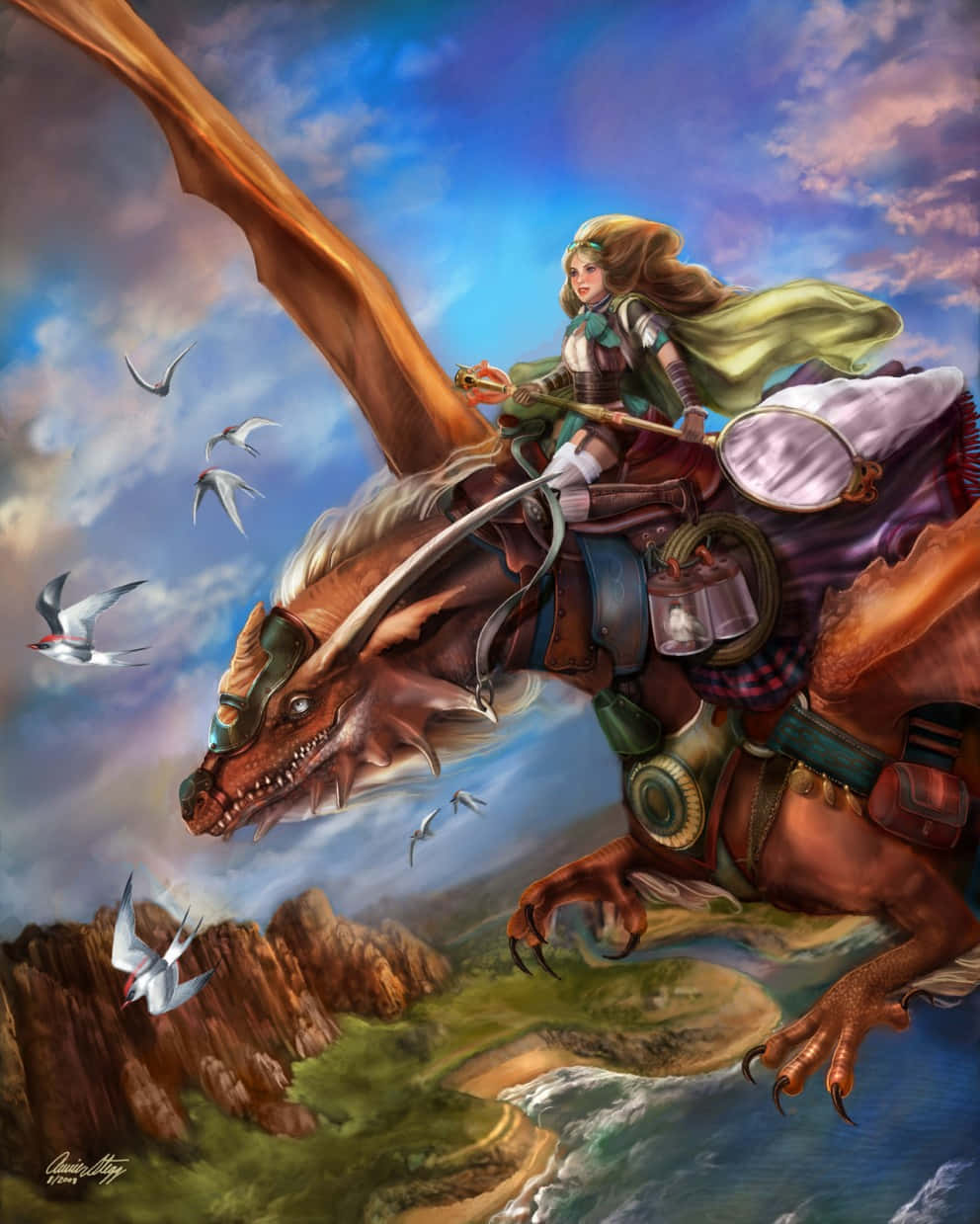 奇幻藝術 桌布 壁紙 — 一位女戰士騎著一頭雄偉的棕色巨龍，翱翔於沿海景觀之上，附近有白鳥飛翔。