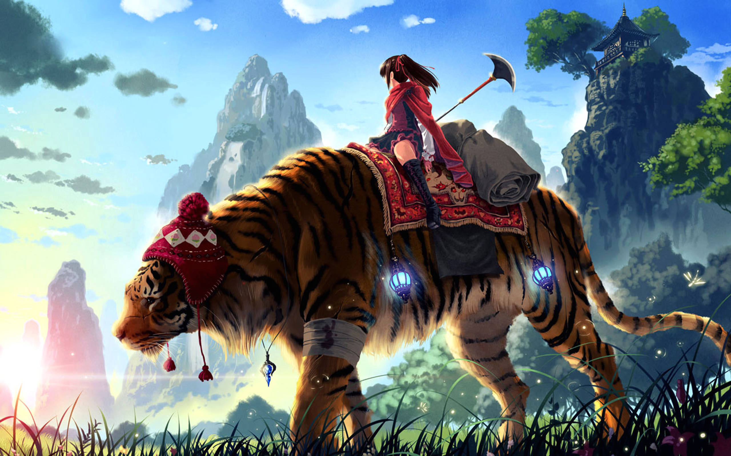 2560x1600 桌布 壁紙 — 一位女戰士騎著雄偉的老虎穿過一個奇幻的山谷，山谷中有漂浮的寶塔和發光的燈籠。