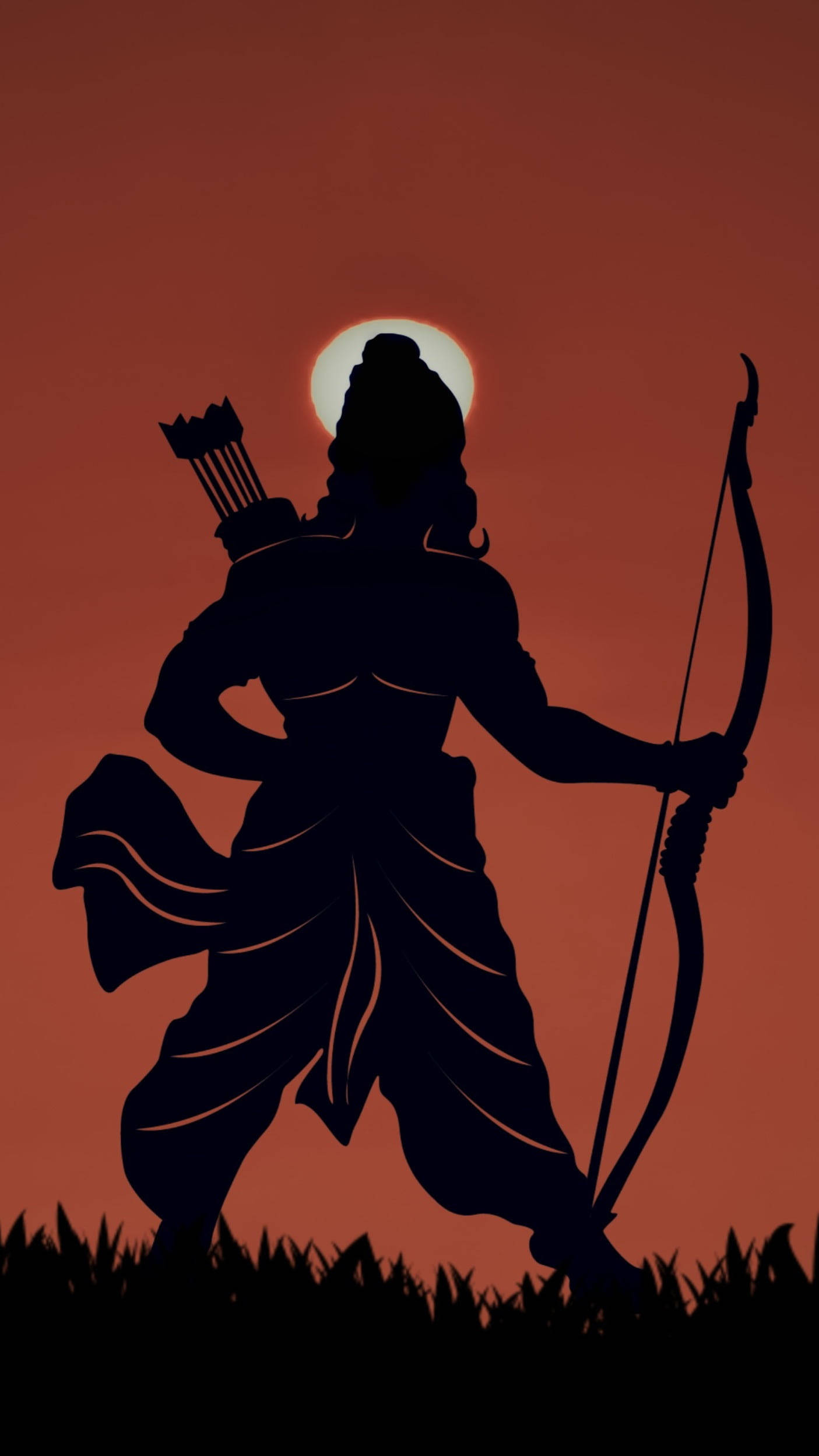 Silhouette 桌布 壁紙 — 一位女戰神手持弓箭，在耀眼的橙色夕陽天空下的剪影。
