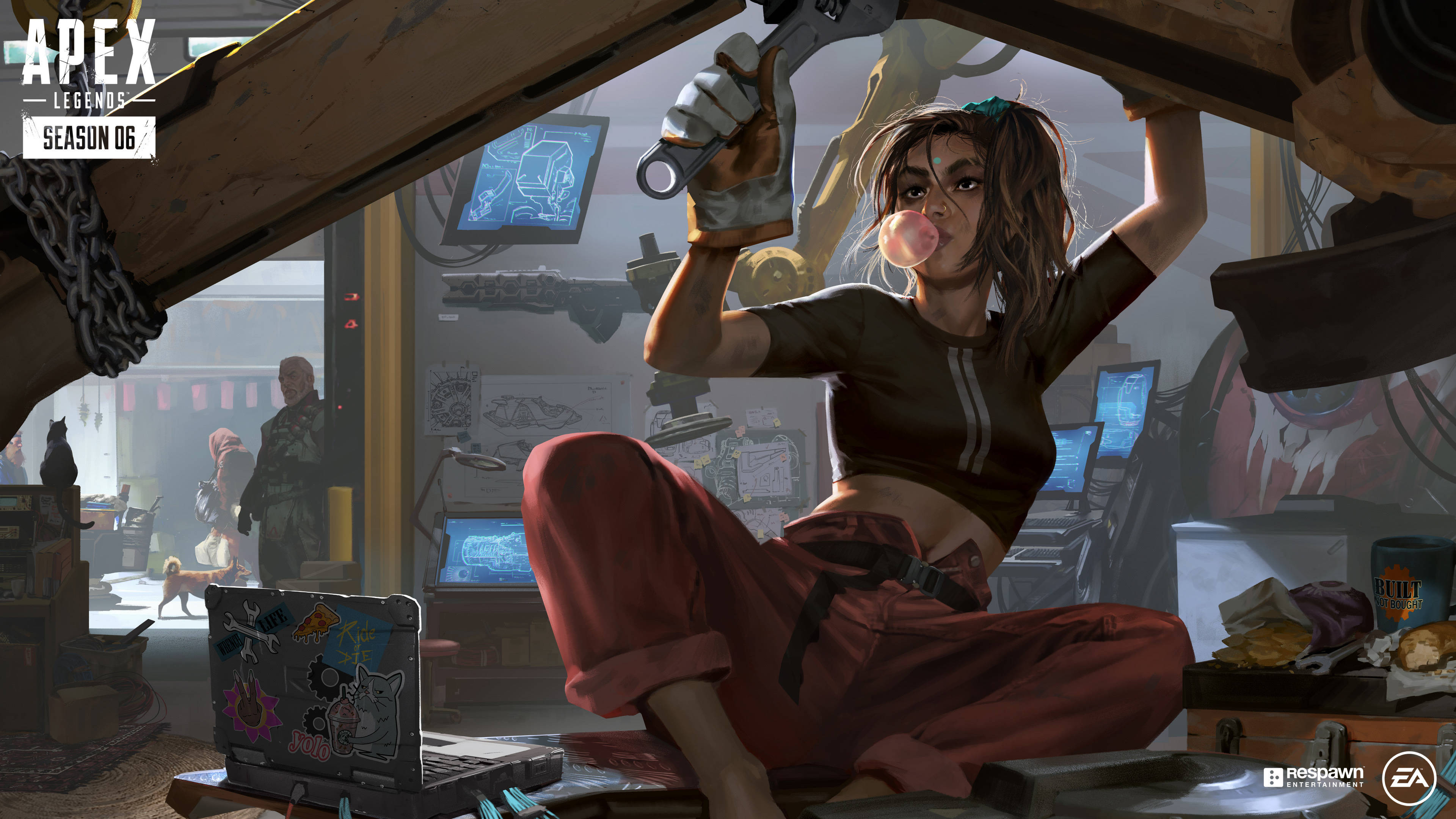 Cool Apex Legends 桌布 壁紙 — 一位女機械師在一個堆滿工具和螢幕的雜亂車庫中修理車輛時吹著泡泡糖。