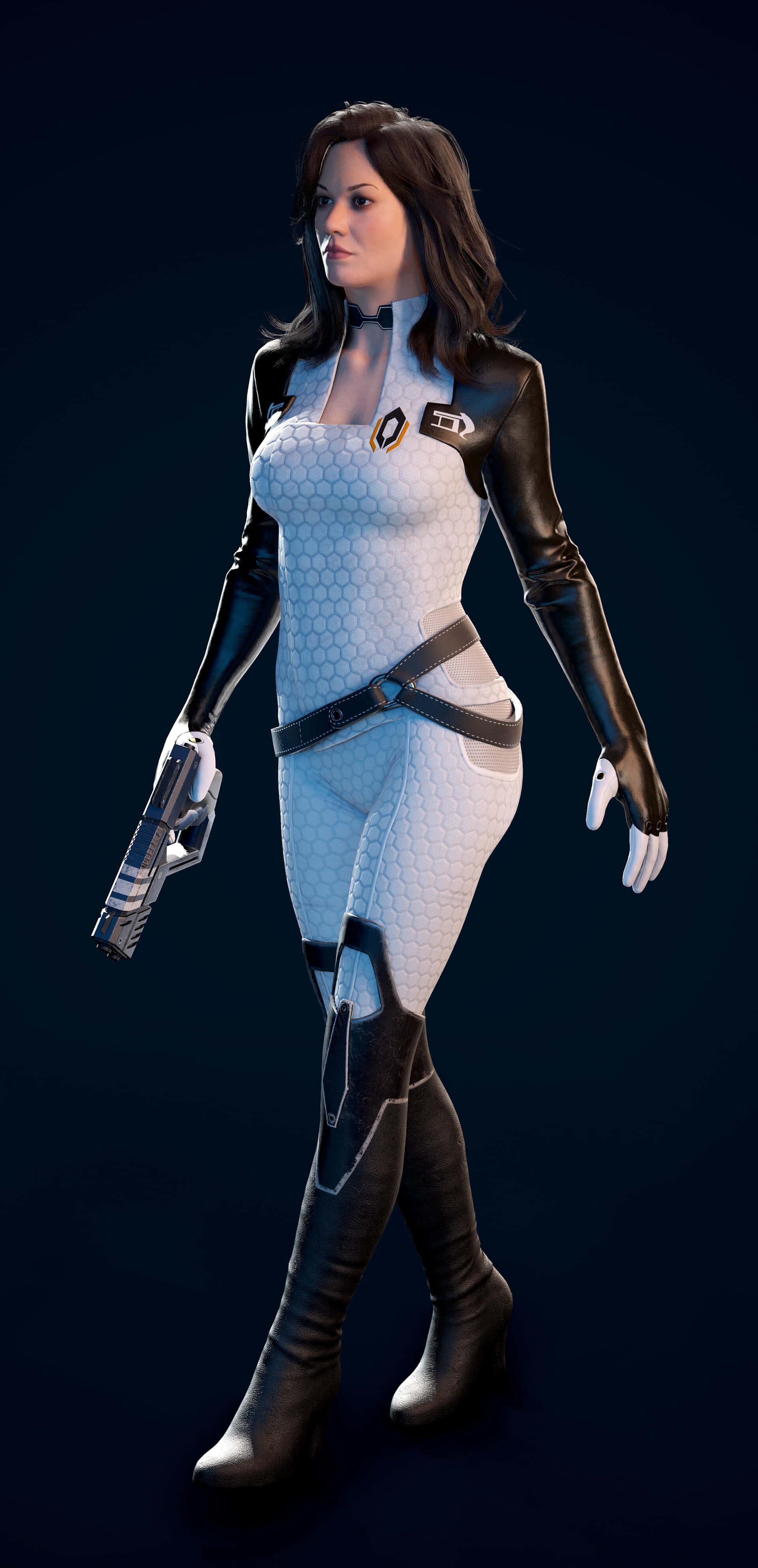 Miranda Lawson 桌布 壁紙 — 一位女特務身穿白色六角形緊身衣，搭配黑色皮革點綴，在黑暗背景下手持未來風格手槍，姿態從容。