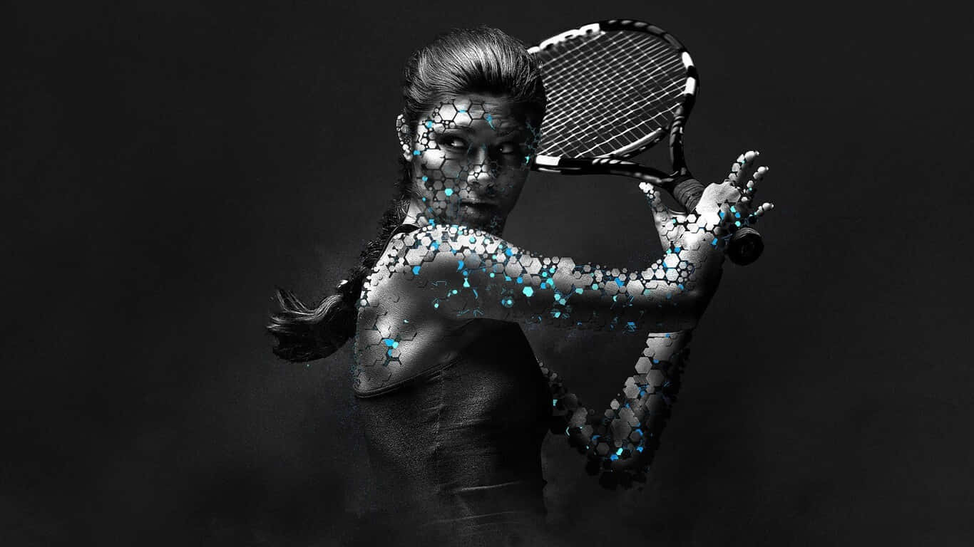 1366x768 Badminton 桌布 壁紙 — 一位女網球運動員皮膚上覆蓋著分子圖案，在深色背景下握著球拍。
