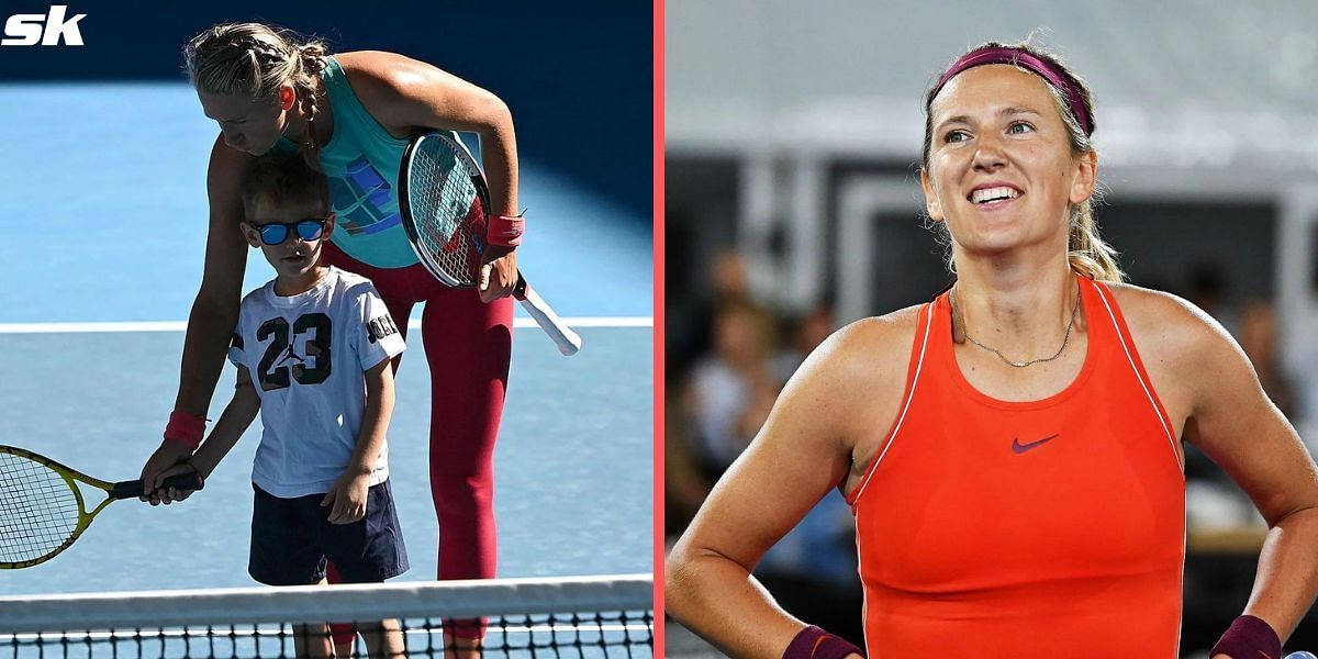 Athletic 桌布 壁紙 — 一位女網球運動員身穿橙色上衣燦爛微笑，旁邊一個戴太陽眼鏡的小男孩在藍色球場上拿著球拍。