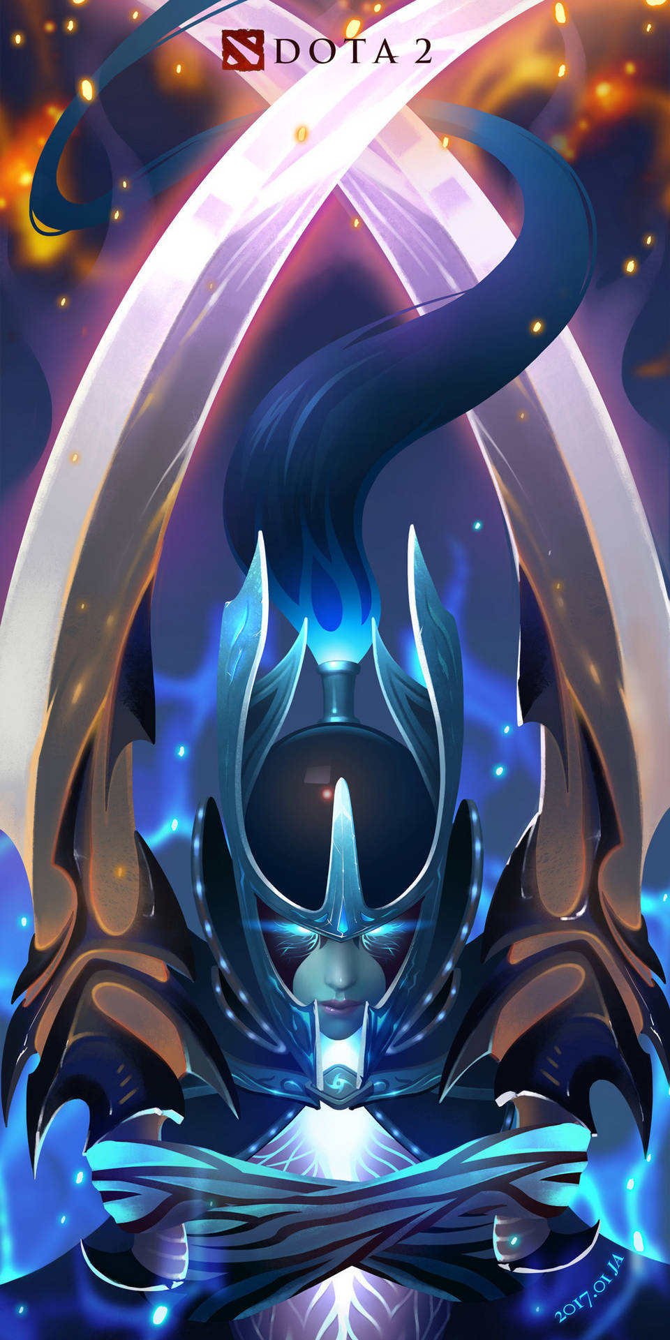 電玩遊戲 桌布 壁紙 — 一位威嚴的 Dota 2 英雄，身穿發光藍色盔甲，飄逸黑髮，被輻射能量弧環繞。