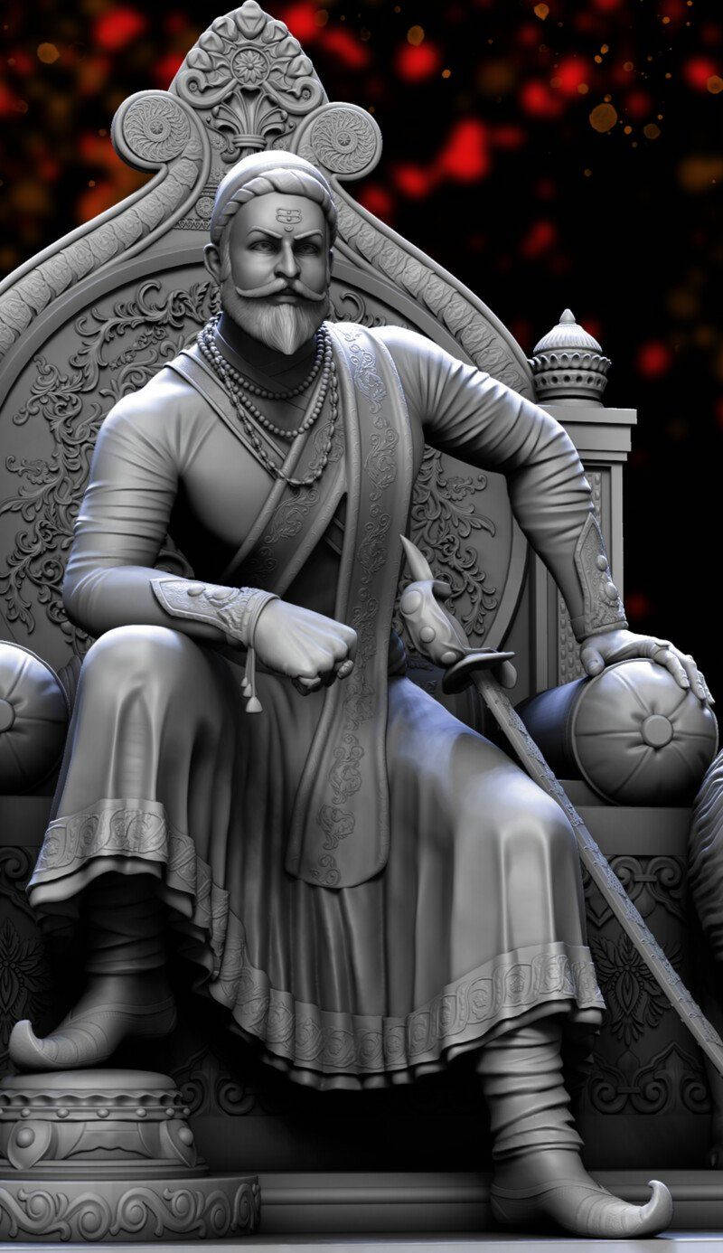 希瓦吉 Maharaj 高清壁紙 桌布 壁紙 — 一位威嚴的3D渲染君主，留著鬍鬚，戴著頭巾，坐在華麗的王座上，手持劍，背景是火紅的散景。