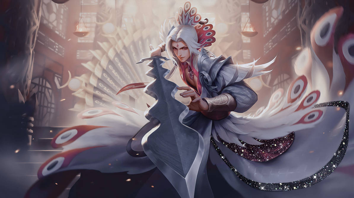 Mobile Legends 動態圖 桌布 壁紙 — 一位威嚴的動漫戰士，白髮戴著孔雀羽毛頭飾，在神秘寺廟中揮舞著發光的劍。