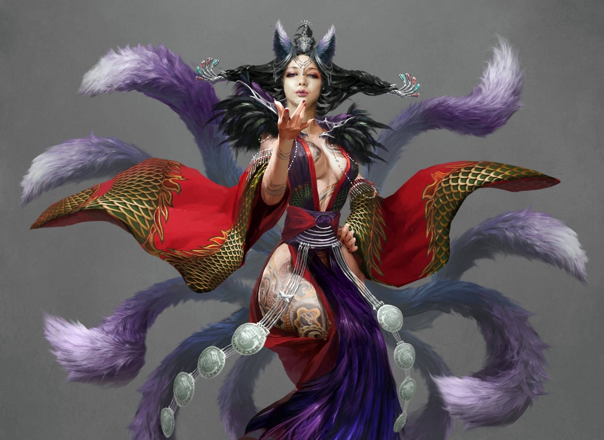 阿璃 桌布 壁紙 — 一位威嚴的動漫風格九尾狐女神，身穿華麗的紅色和金色長袍，在灰色背景前優雅地擺姿勢。
