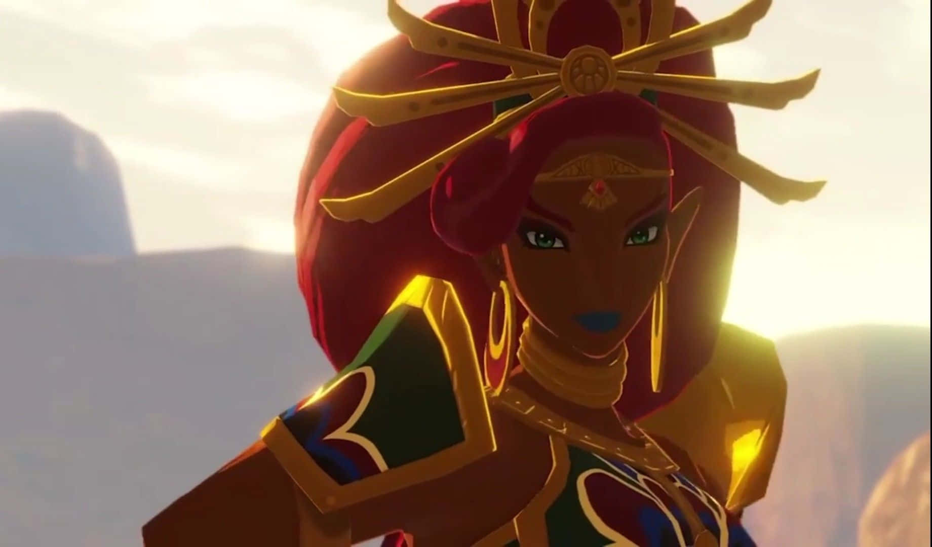 The Legend Of Zelda Urbosa 桌布 壁紙 — 一位威嚴的動畫女王，紅髮金冠，在金色時刻的朦朧山景背景下站立。