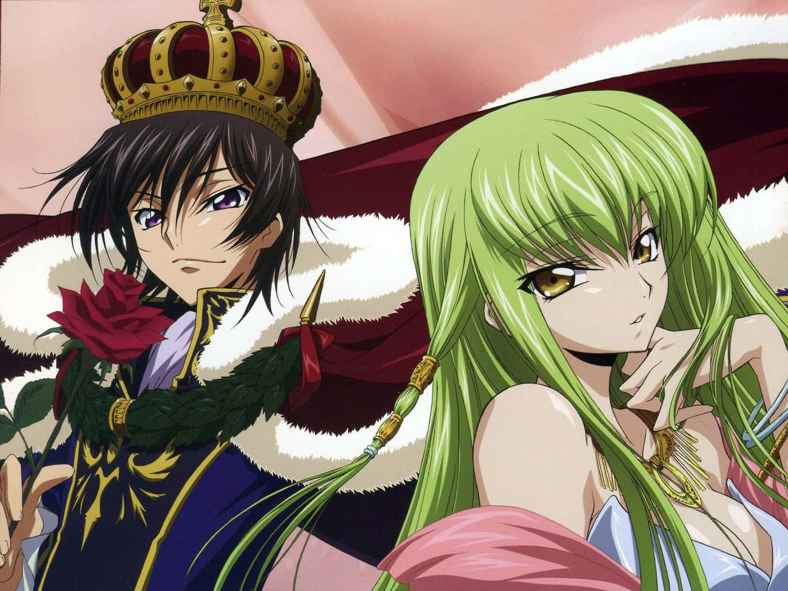 lelouch lamperouge 桌布 壁紙 — 一位威嚴的動畫王子戴著皇冠和玫瑰，站在一位綠髮公主旁邊，穿著華麗的服飾，背景是柔和的粉紅色。