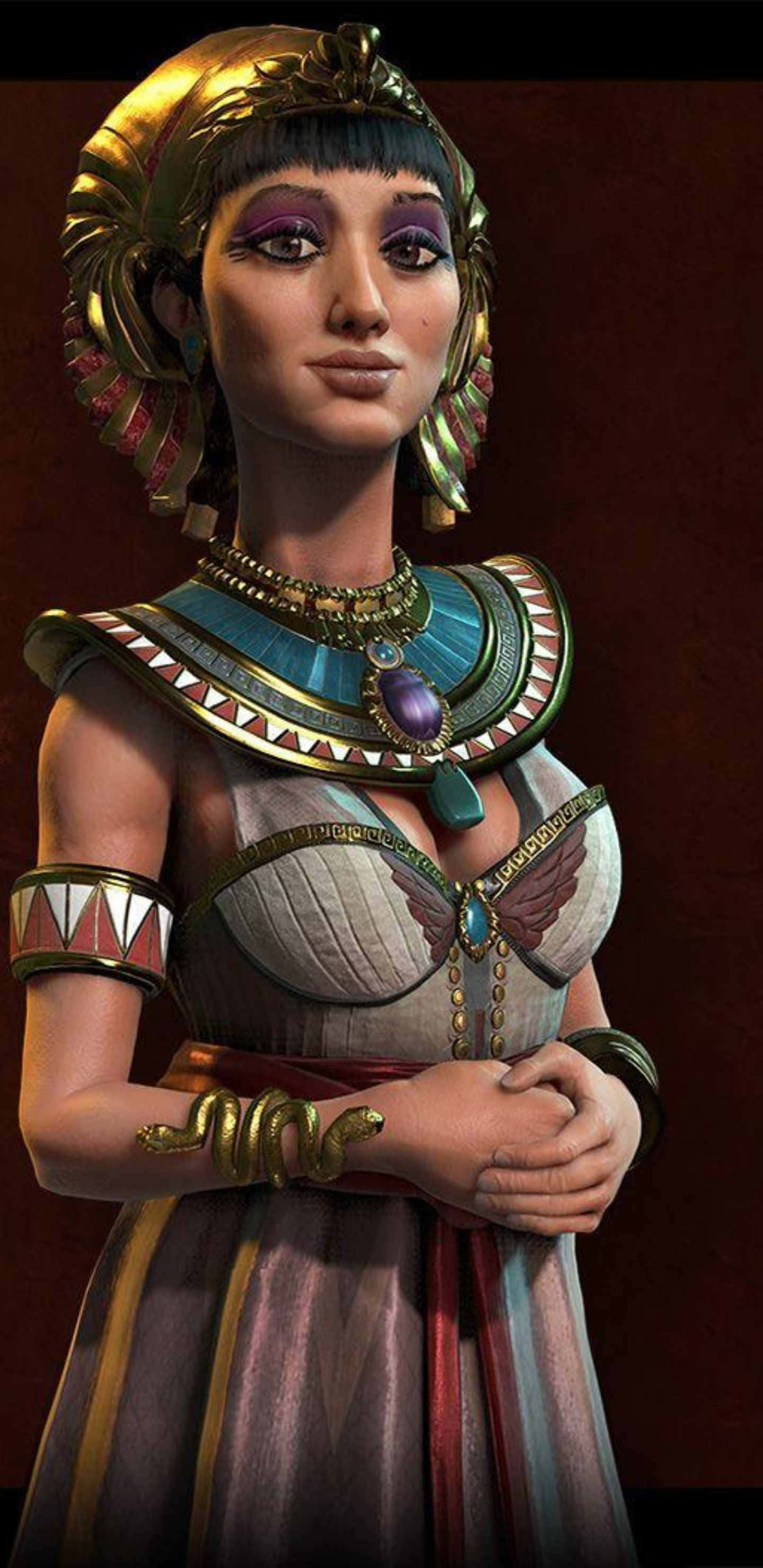 Pixel 3xl Civilization Beyond Earth 桌布 壁紙 — 一位威嚴的埃及女王，戴著華麗的金色頭飾和鑲有珠寶的領飾，雙手合十，站在深紅色的背景前。