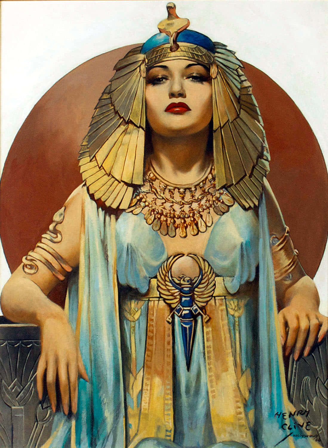 Cleopatra 桌布 壁紙 — 一位威嚴的埃及女王，身穿華麗的藍色和金色服飾，頭戴羽毛頭飾，在溫暖的圓形背景下向前凝視。