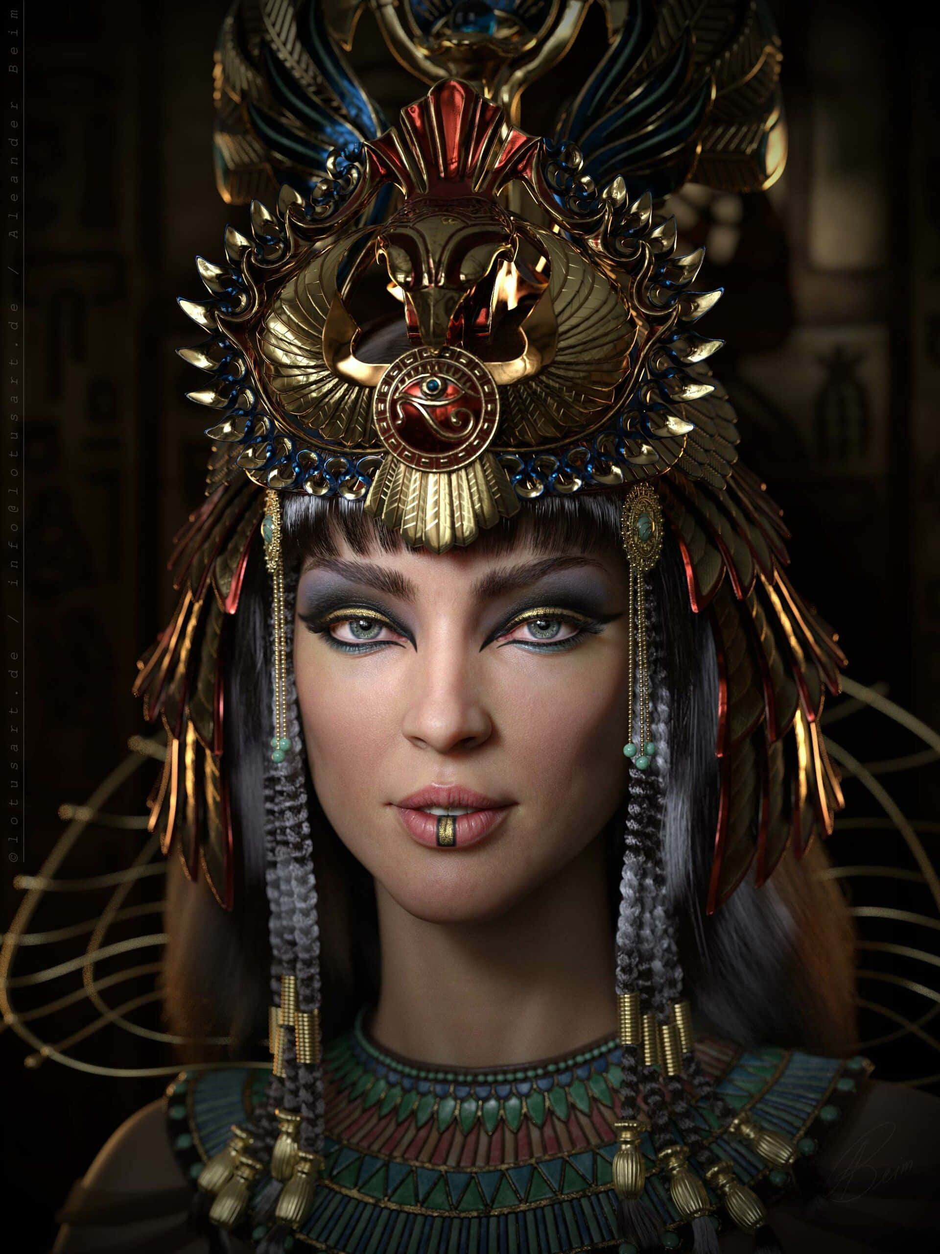 Cleopatra 桌布 壁紙 — 一位威嚴的埃及女王，頭戴精緻的金色頭飾，畫著眼妝，在光線昏暗的神殿中凝視前方。