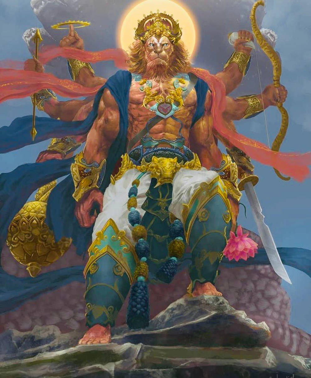  壁紙 — 一位威嚴的多臂獅頭神祇，身穿華麗的金色和藍色盔甲，站在岩石山峰上，背後是發光的太陽。