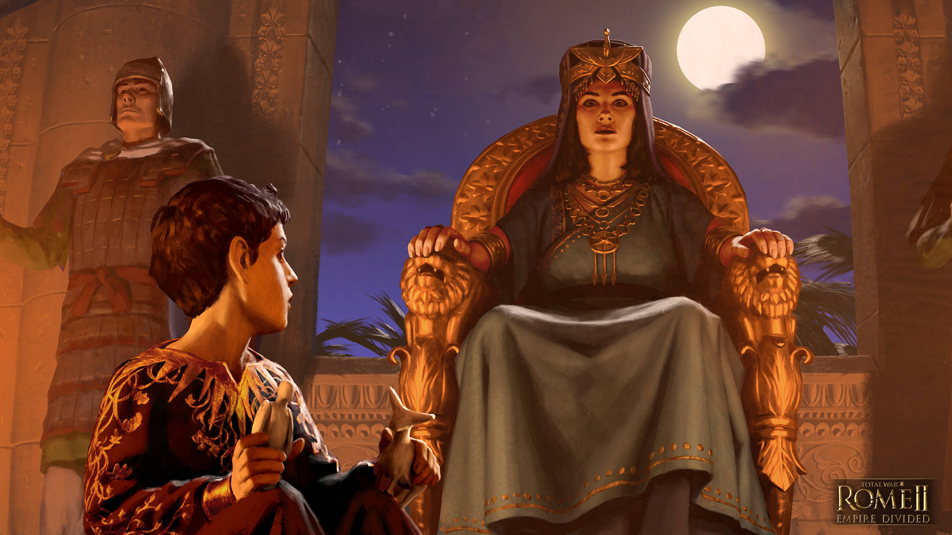 Total War Rome 2 桌布 壁紙 — 一位威嚴的女王坐在金色王座上，滿月之下，一個年輕男孩在宏偉宮殿中跪在她面前。