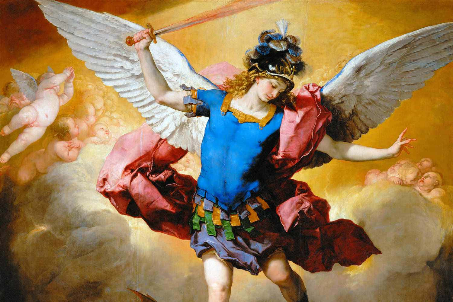 Saint Michael 桌布 壁紙 — 一位威嚴的帶翼天使身穿藍紅長袍，在旋轉的雲層中揮舞劍，周圍有天使般的小天使。